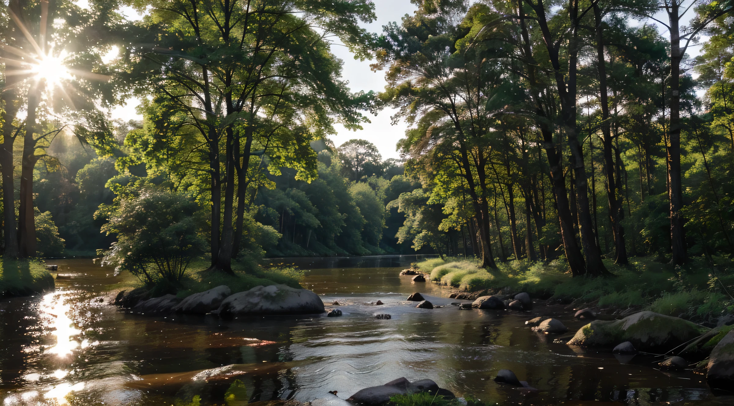 create a banner, a forest, massive trees, shiny water in the background, light of sun rising from the trees, high quality image, realistic