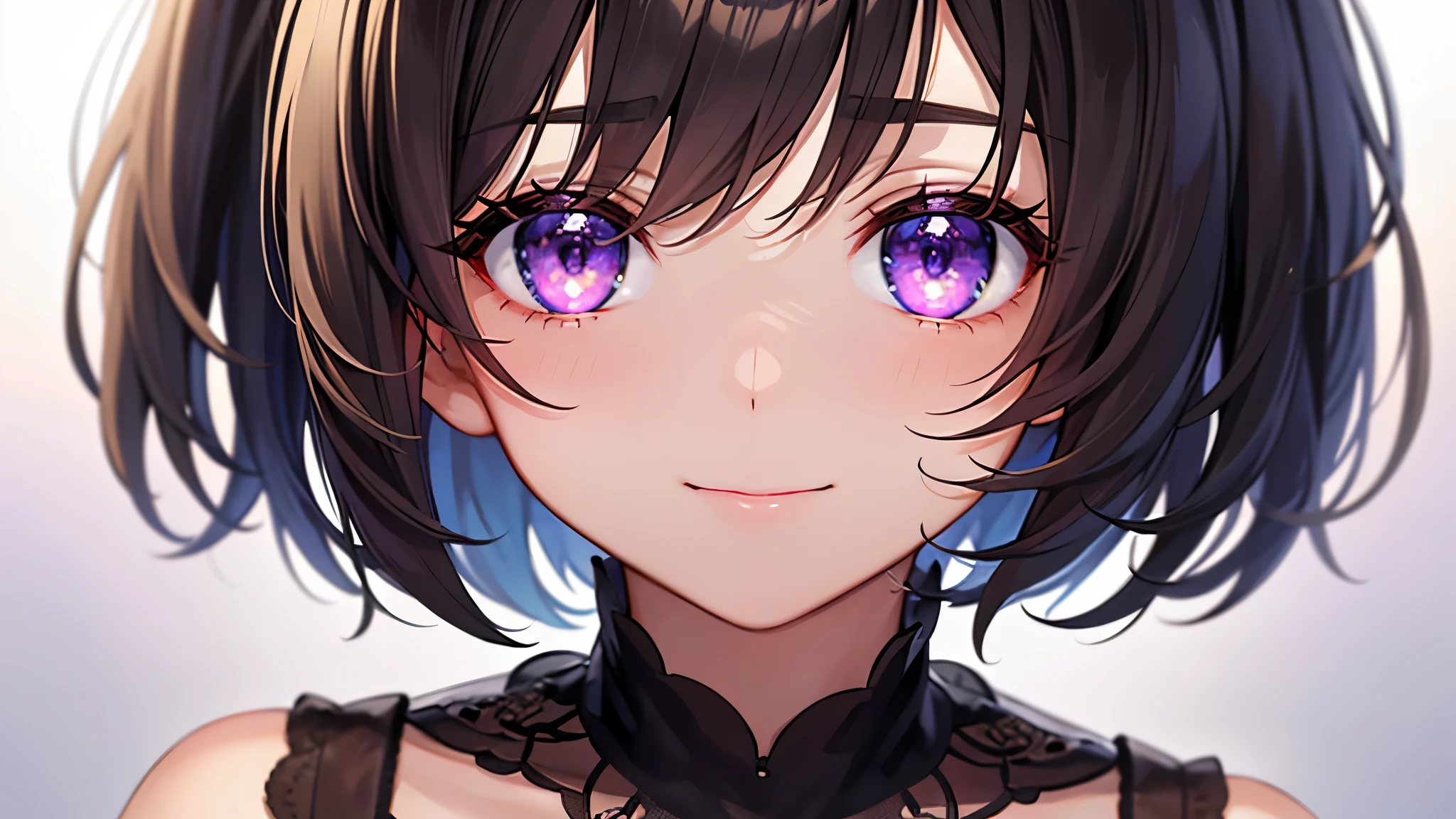 very cute girl、dark brown hair、bob cut、short hair、Violet eyes、smile、Crystal clear white skin、Audience perspective、golden time light、bokeh perspective、detail、movie light lamp light、複雑なdetail、High resolution、 Detailed facial feature design、High data、clear focus、smoothness、aesthetics、Print、octane rendering、{{masterpiece}}