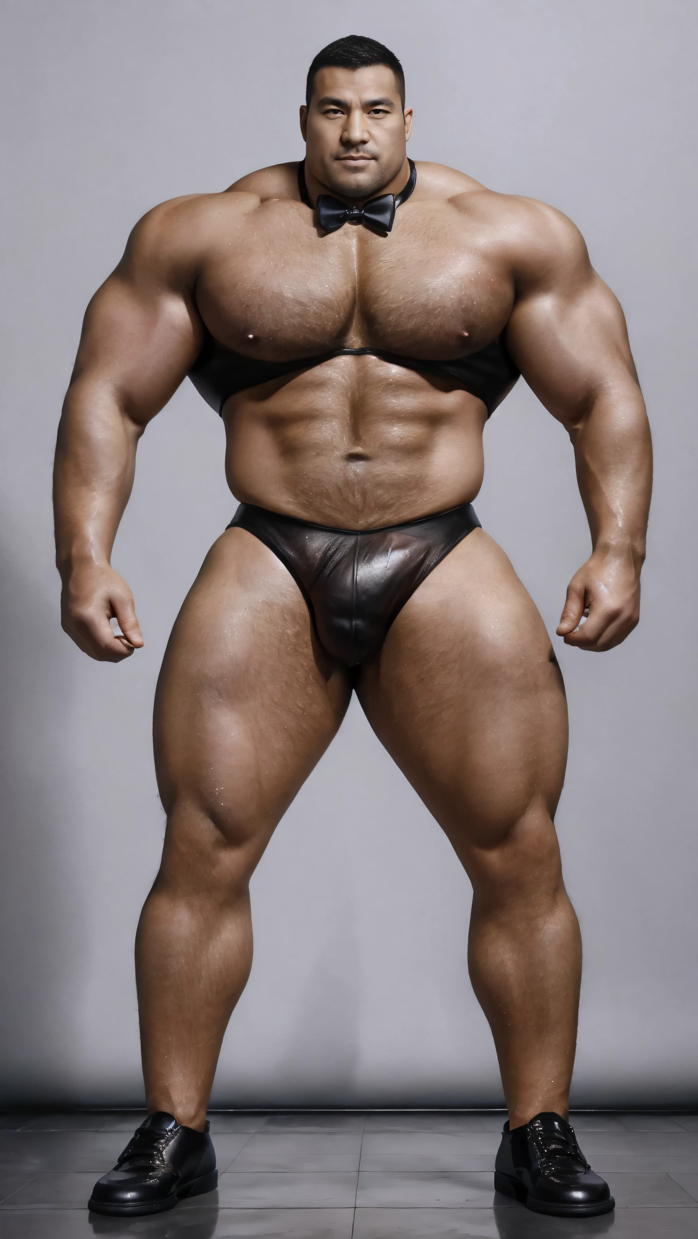 There is only one person in the picture，a chinese bodybuilder，35 years old，Tall, mighty and handsome，standing in front of gray background board，Paired with black glossy leather bow tie，short hair, O-shaped beard，Perfect body, Dark and shiny complexion，Muscle bulge, muscular, Very big pecs，Very sexy abs，Leg muscles are very developed，Tall and burly，Huge bumpy area，Brighten oily skin，Black leather shiny leather gloves, Wearing a gold leather shiny thong, Wear black leather shoes to shine，handsome face，detailed facial features, Correct and accurate male anatomy, full-body shot, Large pecs, Wet oil wax gloss for oily muscles and skin，Professional photography。