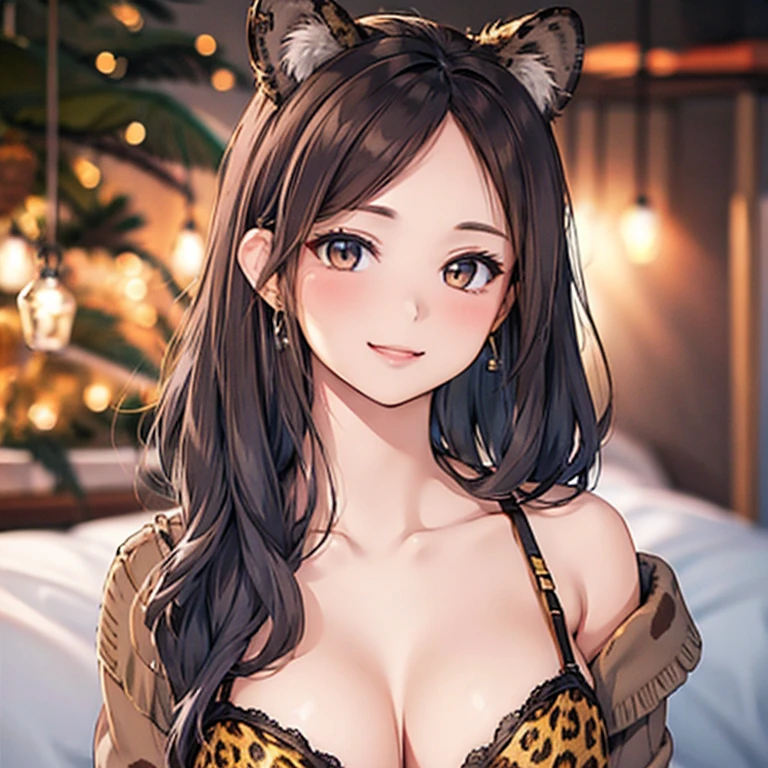 Brown hair, brown eyes, large breasts, sexy, beautiful body, masterpiece, bedroom, leopard print lingerie, leopard underwear, leopard bra, smile