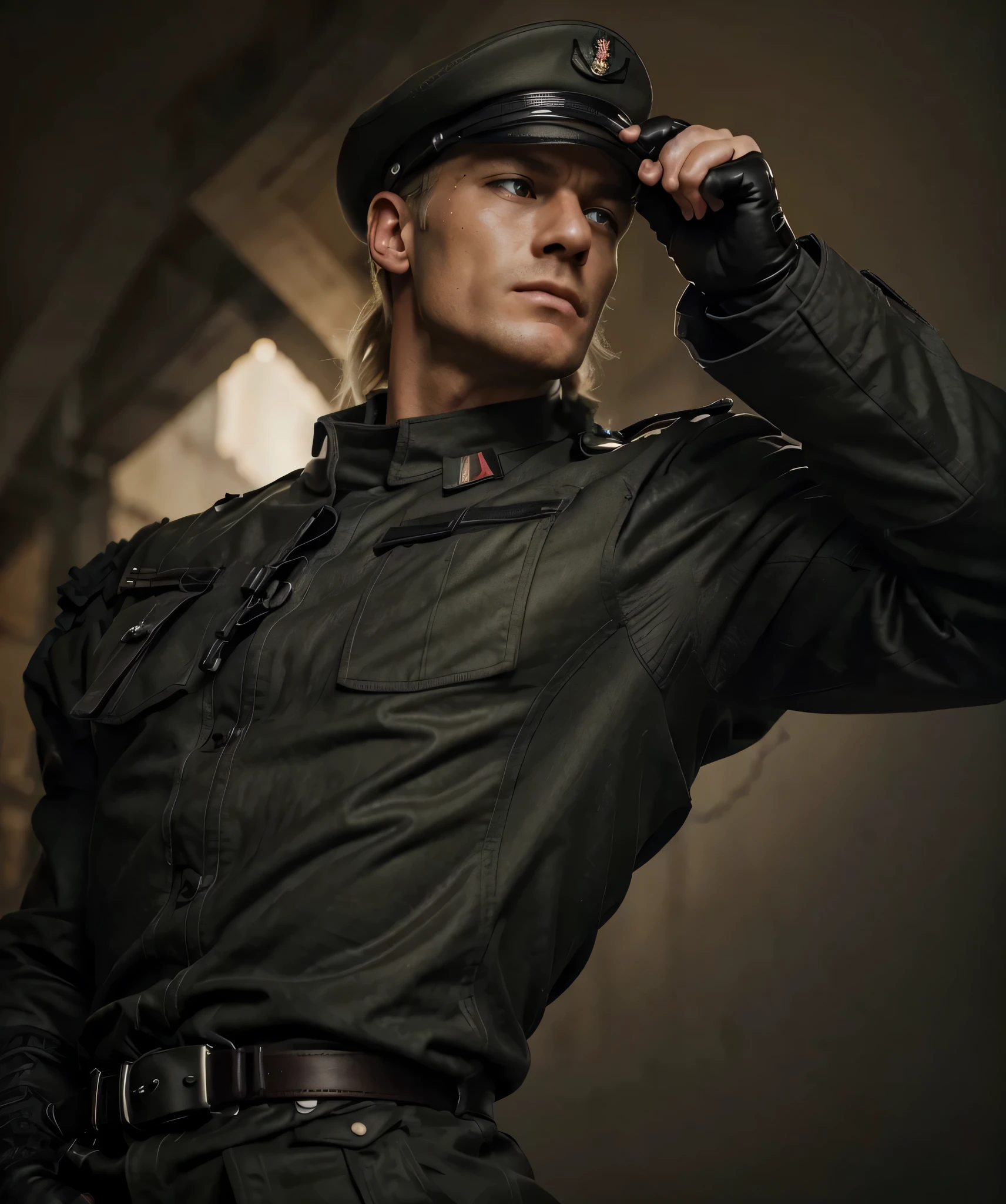 Soldado masculino, cara estereotipada alemana, cara muy masculina, cabello rubio estilo militar, aggressive expression, cuerpo musculoso, WWII German style gray cloth military uniform, guantes de cuero negro, ammunition belt with holster, is on a battlefield, mucho fuego, explosiones y humo, ultra detallado, hyper Realista, 4k, ultra detallado image, Realista, Muy detallado, perfect composition, gorgeous, Intrincadamente detallado, incredibly detailed, 8 k artistic photography, hiper detallado, obra maestra, ultra detallado, hyper Realista, 4k, ultra detallado image, Realista, muy detallado, perfect composition, gorgeous, Intrincadamente detallado, incredibly detailed, 8 k artistic photography, hiper detallado, obra maestra