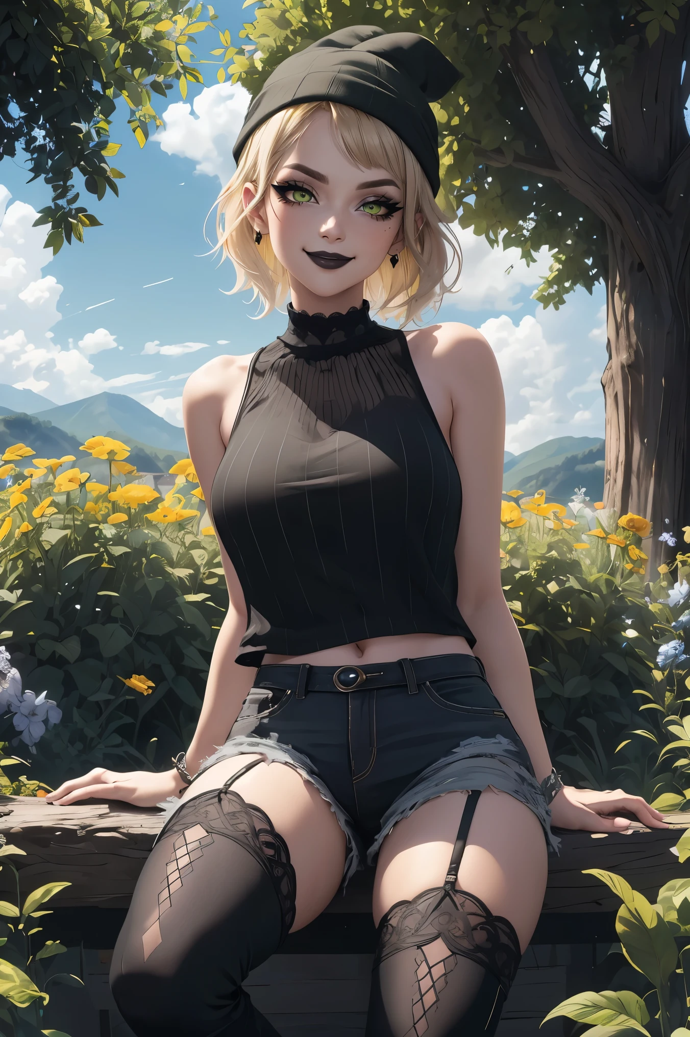 masterpiece, absurdres , (intricate details), (colorful),cinematic lighting,bust shot,extremely detailed CG unity 8k wallpaper, 1 woman, blonde hair, lime green eyes:1.4, black cloth beanie, black plaid flannel,green tank top, black shorts, Grey and white striped thigh highs, combat boots, smiling, outdoors, garden background, bright blue sky