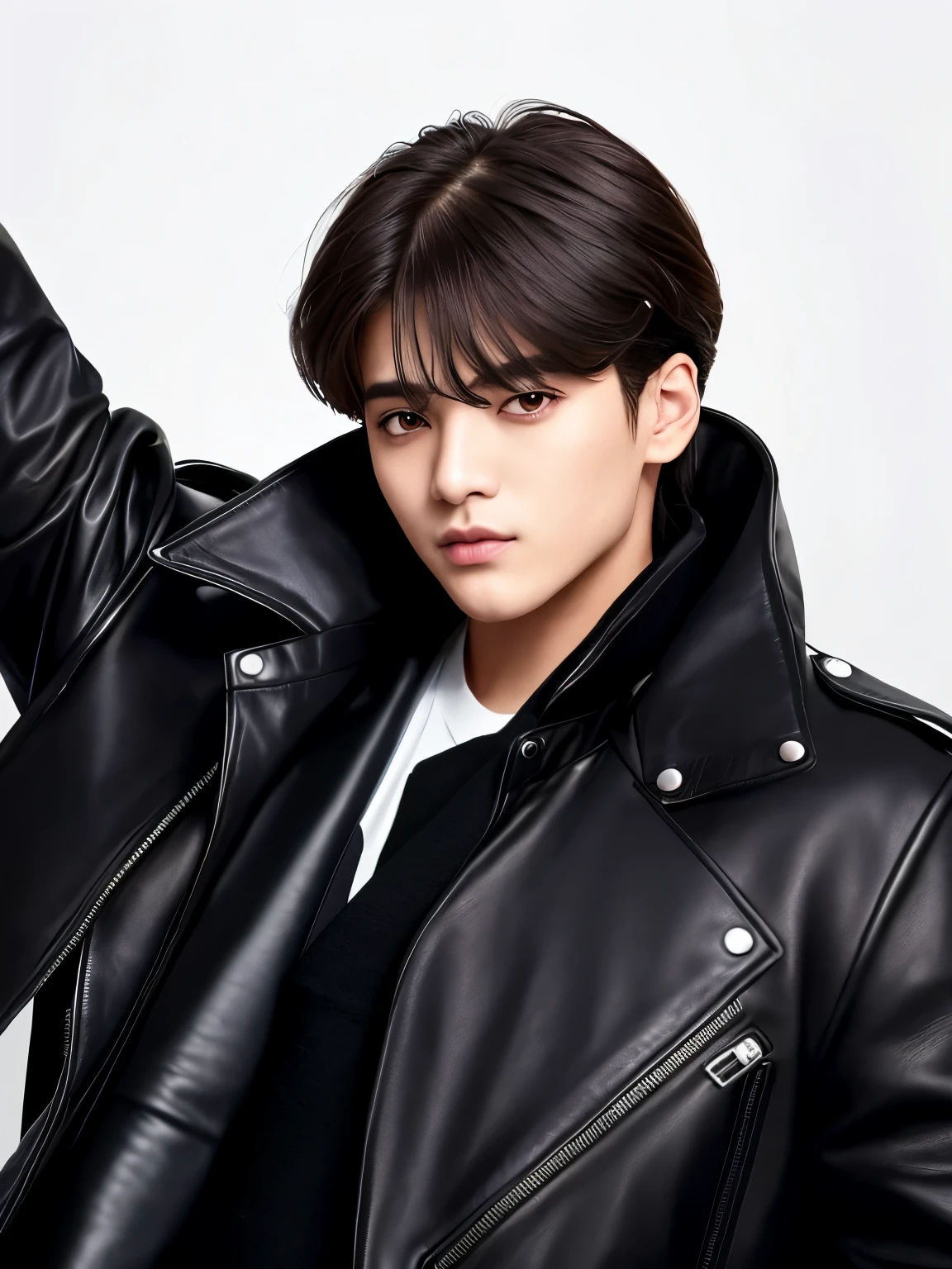 Araffes are wearing black leather jackets and posing for a photo, taehyung, taehyung de cabelo preto, inspirado em kim taehyung, hyung tae, Retrato de taehyung do Bts, he is wearing a black overcoat, kpop idol portrait, kim taehyung, fanart oficial, foto de perfil, kim taehyung, suave em _ o fundo, BTS