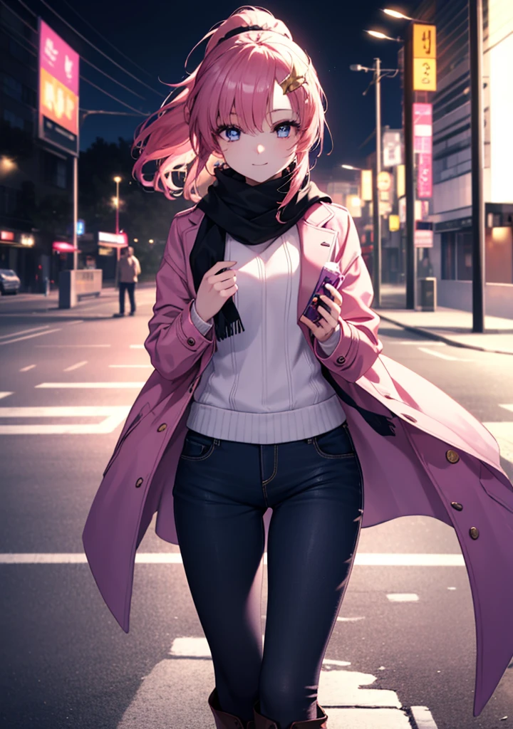 lacusclyne, Klein Lake, (purple eyes:1.1), hair ornaments, long hair, wave hair ornaments, ponytail,pink hair, smile,pink long coat,Scarf,White sweater,short denim pants,Black pantyhose,white short boots,
breaking looking at viewer, (cowboy shot:1.5),
break outdoors, In town,Destroy walking (masterpiece:1.2), highest quality, High resolution, unity 8k wallpaper, (figure:0.8), (beautiful and fine eyes:1.6), highly detailed face, perfect lighting, Very detailed CG, (perfect hands, perfect anatomy),