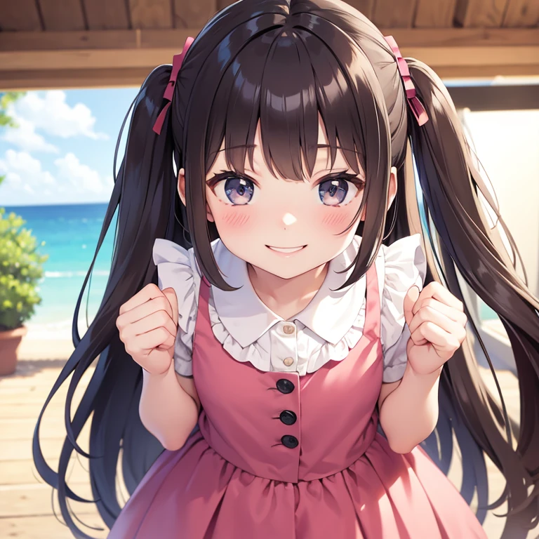 9 years old, smiling, cute clothes, long hair, blush