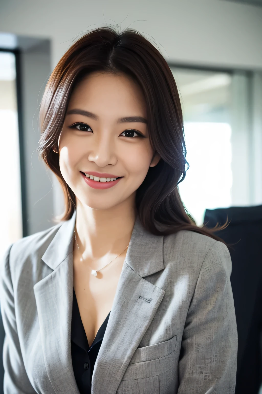masterpiece,highest quality, (1 milf), ((close:0.5)), ((cross arms)), glare, gray blazer, white shirt, double eyelid, eyelash, lip gloss, (smile:1), ((close your eyes:0.85)), ((looking at the viewer)), to be born, (From above:0.2), ((no one)), office,