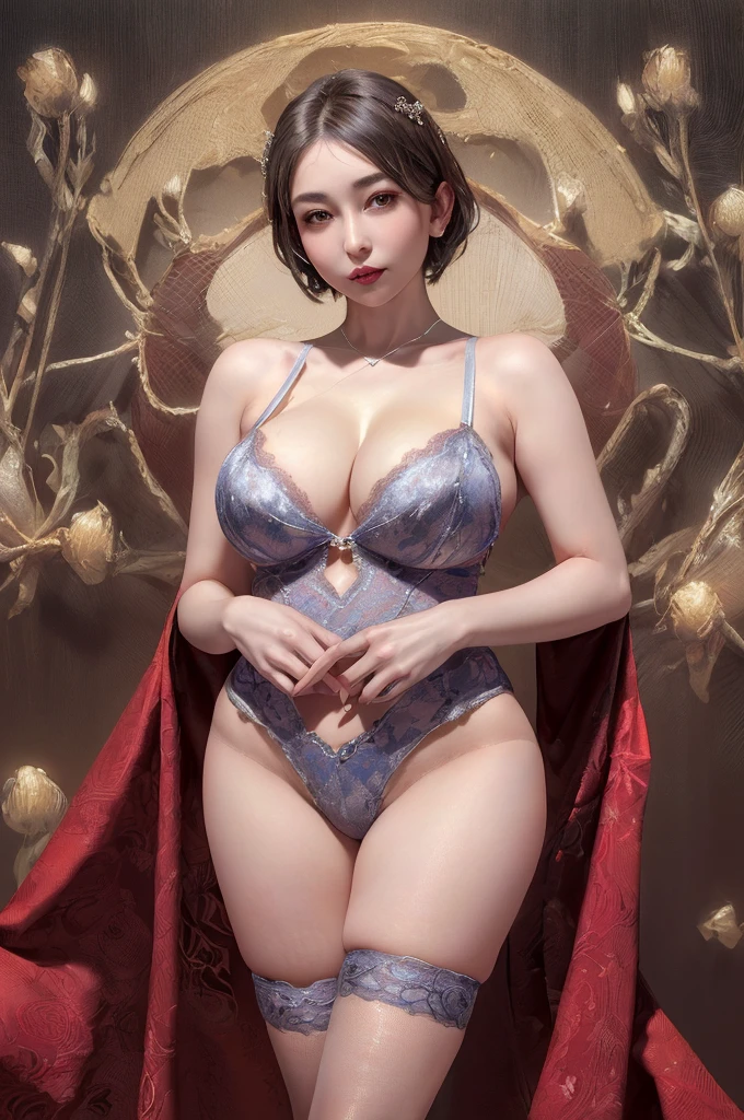 (8K, Super high resolution, A masterpiece of the highest quality, woman, 35 years old, Beautiful eyes with attention to detail, silver short hair, heart shaped eyes, big breasts, burst, cleavage, huge , sexy pose、Luxury lingerie、extremely small cloth、Exposing the skin