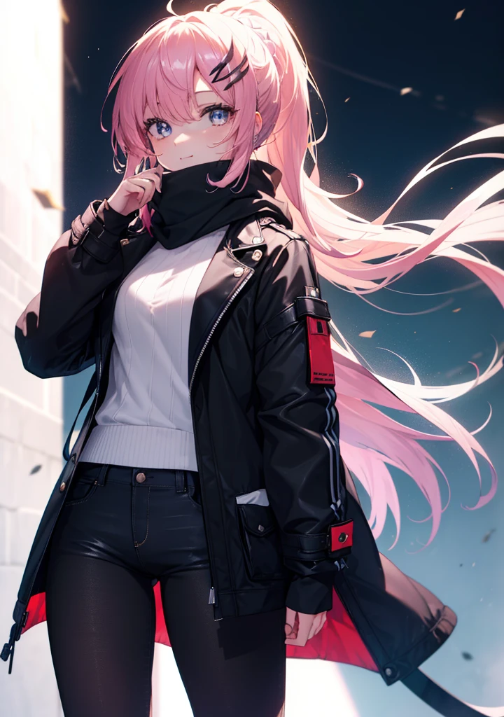 lacusclyne, Klein Lake, (purple eyes:1.1), hair ornaments, long hair, wave hair ornaments, ponytail,pink hair, smile,pink long coat,Scarf,White sweater,short denim pants,Black pantyhose,white short boots,
breaking looking at viewer, (cowboy shot:1.5),
break outdoors, In town,Destroy walking (masterpiece:1.2), highest quality, High resolution, unity 8k wallpaper, (figure:0.8), (beautiful and fine eyes:1.6), highly detailed face, perfect lighting, Very detailed CG, (perfect hands, perfect ???????),
