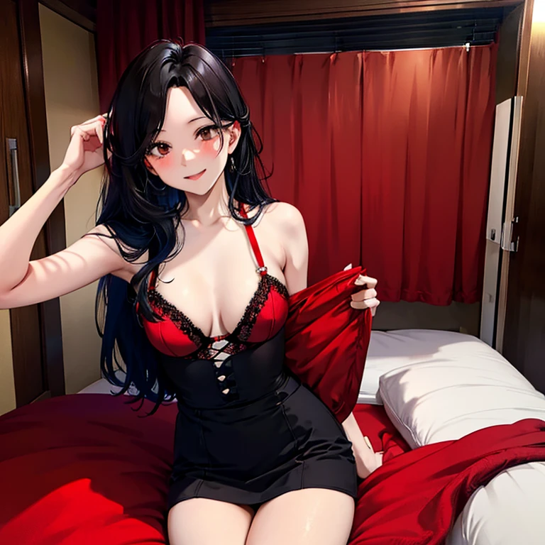 Black hair, brown eyes, large breasts, sexy, beautiful body, masterpiece, bedroom, red lingerie, red underwear, red bra, smile
