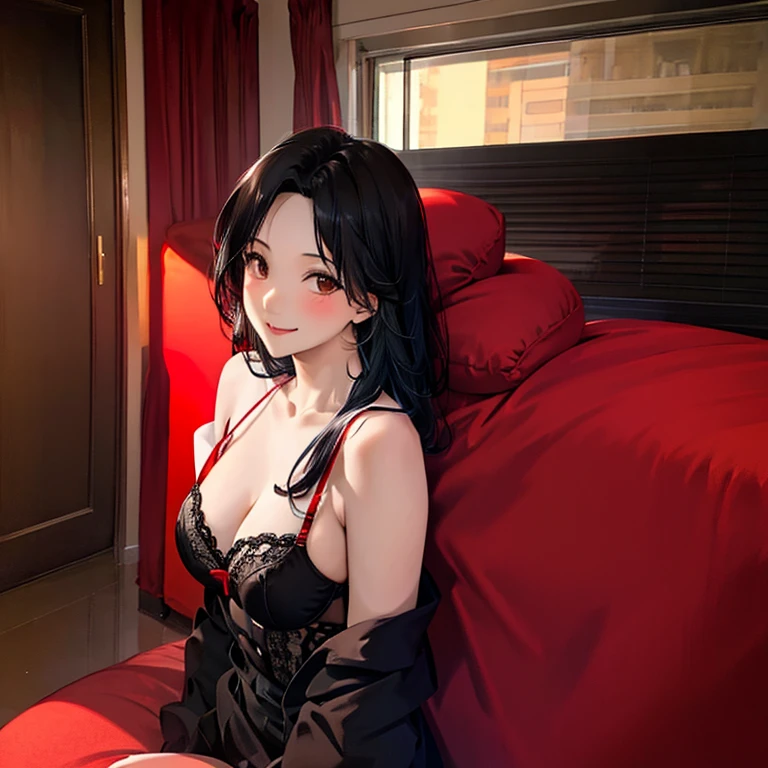 Black hair, brown eyes, large , sexy, btiful body, masterpiece, bedroom, red lingerie, red underwear, red bra, smile