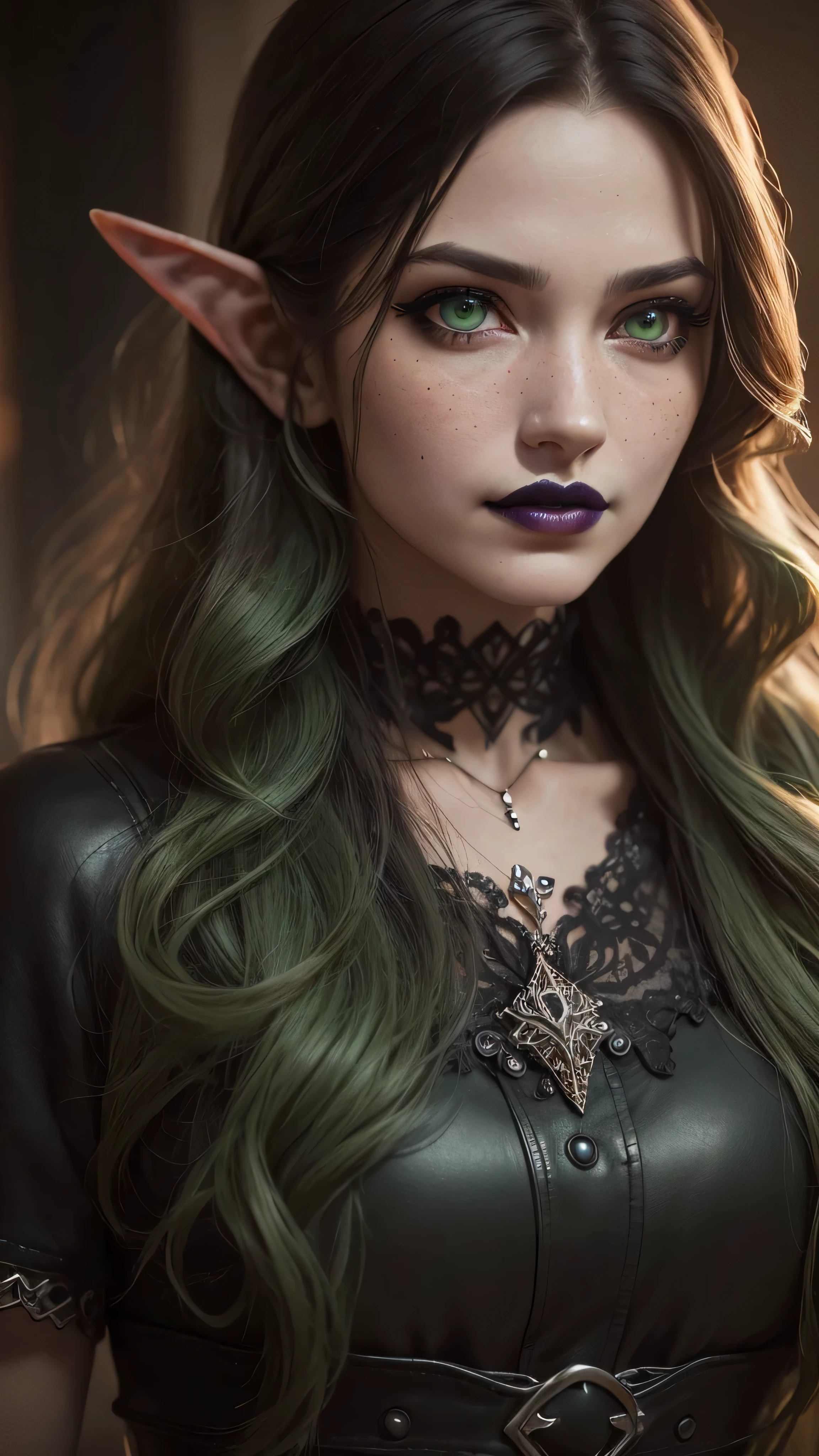 ((best quality: 1.5)) ((masterpiece: 0.8)), intricate details, sharp focus, professional, real life, realistic representation of the face, dim volumetric lighting, dynamic pose, in the style of realistic and hyper detailed renderings BREAK ((((detailed mature 40year elven woman, ((blackout gothic eye makeup, portrait, red lips, strong square cleft chin, smiling)), diamond tiara, golden hour), pale green eyes, long wavy white hair, green leather dress, emerald necklace), nose piercing), freckles: 0.9), photorealistic, hyper-realistic, 8K