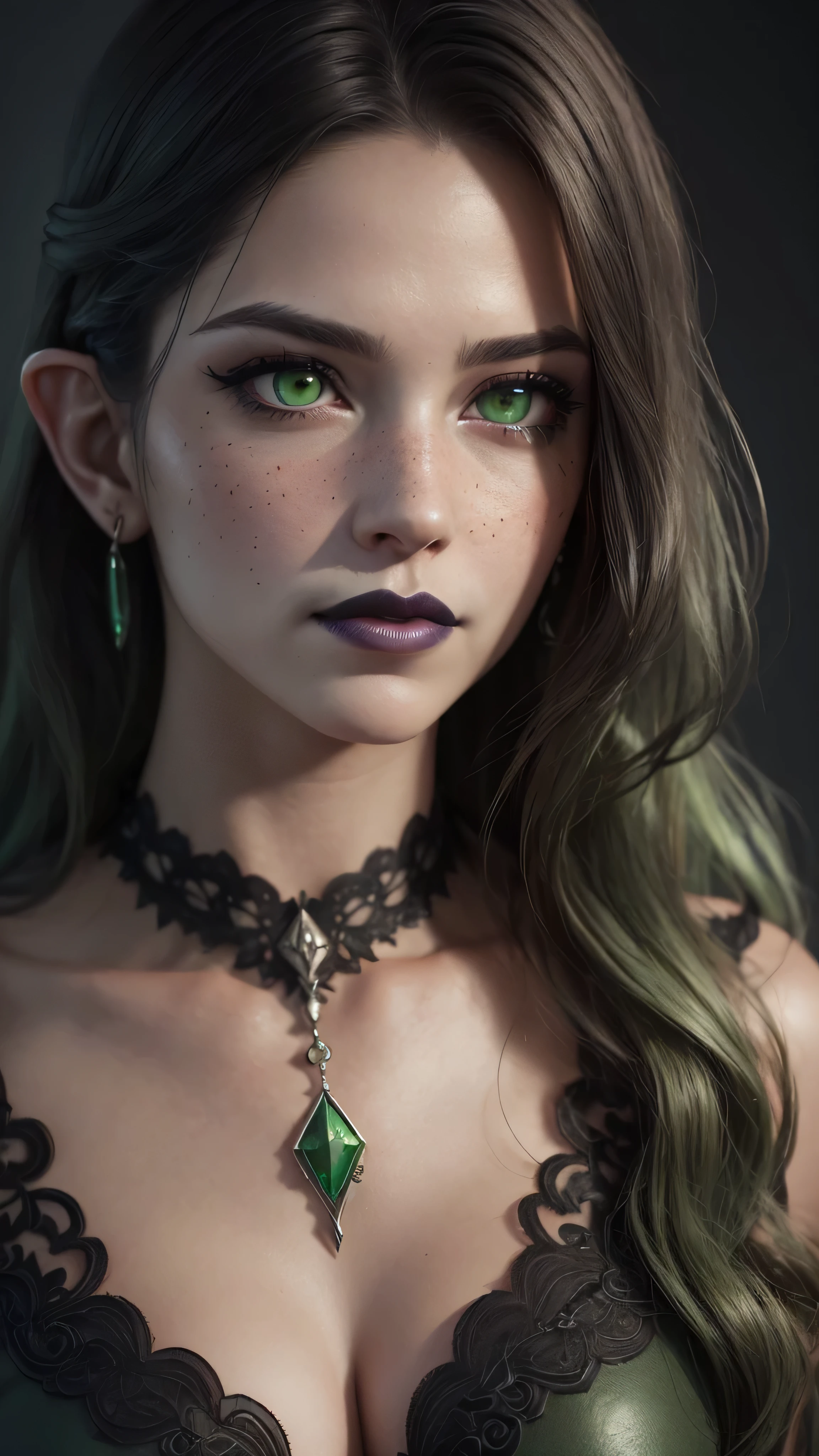 ((best quality: 1.5)) ((masterpiece: 0.8)), intricate details, sharp focus, professional, real life, realistic representation of the face, dim volumetric lighting, dynamic pose, in the style of realistic and hyper detailed renderings BREAK ((((detailed mature 40year elven woman, ((blackout gothic eye makeup, portrait, red lips, strong square cleft chin, smiling)), diamond tiara, golden hour), pale green eyes, long wavy white hair, green leather dress, emerald necklace), nose piercing), freckles: 0.9), photorealistic, hyper-realistic, 8K