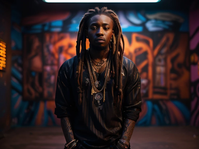 A HD cinematic portrait photo of a young cool African Kenyan rapper modern outfit, big dreads and bling, full body tattoos, black shirt, futuristic fashion,cool, posing in front of a striped mural ambient lighting.