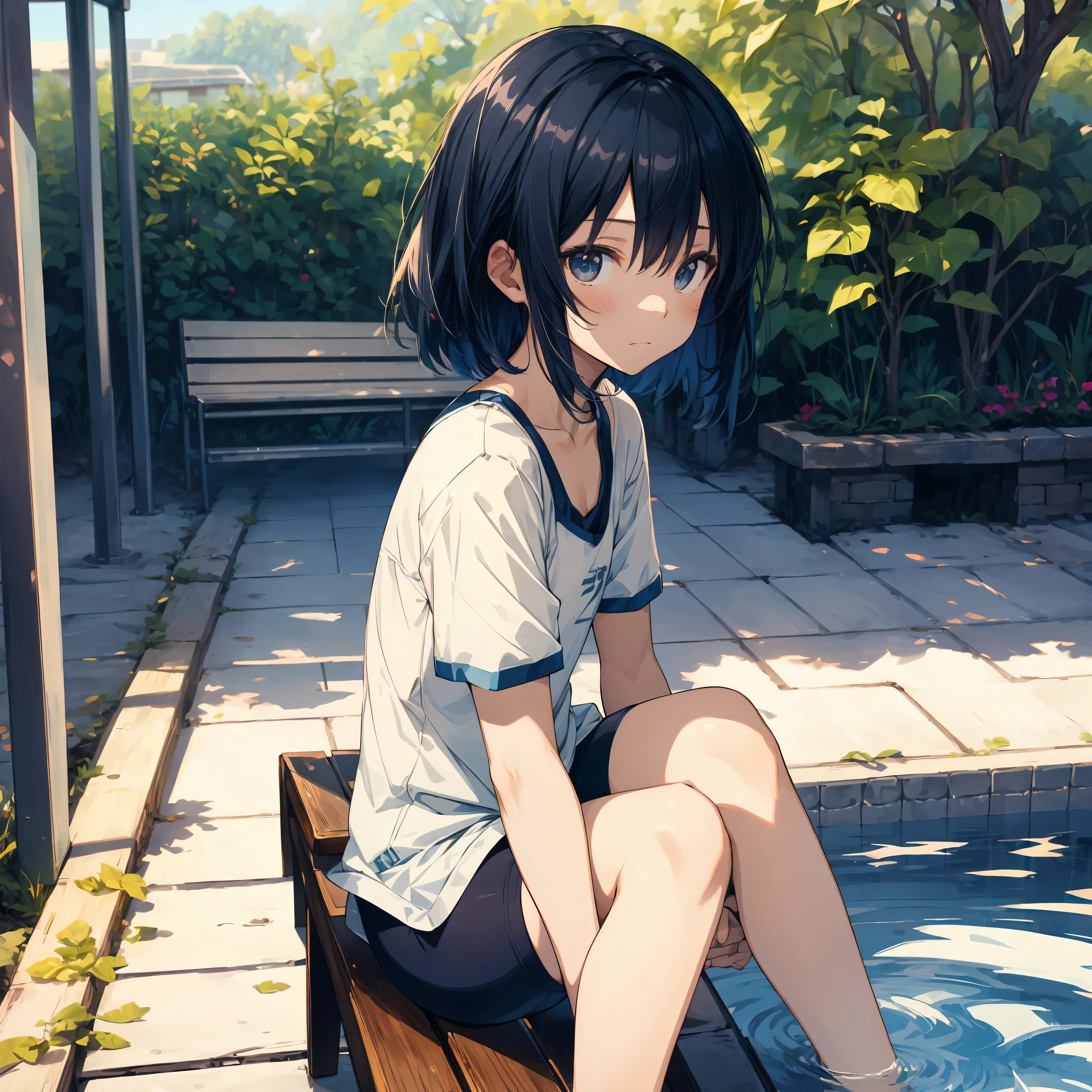 Super high quality by the art god, super detailed, High resolution, Shinkai Makoto style, anime moe art style, best anime 8K konachan wallpaper, pixiv contest winner, perfect anatomy, break,(スクール水着を着た女の子がプールサイドのベンチにalone眠そうに座っている絵を描いてください.),break, surreal girl, (alone,ta, , 13 y),All limbs, full finger,, androgynous charm, (very short hair), Wet hair, small round breasts,slender body, small ass, between legs, Small black eyes,hanme,beautiful and fine eyes, Well-proportioned iris and pupils, sleepy eyes, High resolutionの詳細な髪, School swimsuit wear,Wet, in School pool. break,super dense skin, shiny skin, Best lighting by famous artists, 8K, figure,surrealism, UHD, rough skin