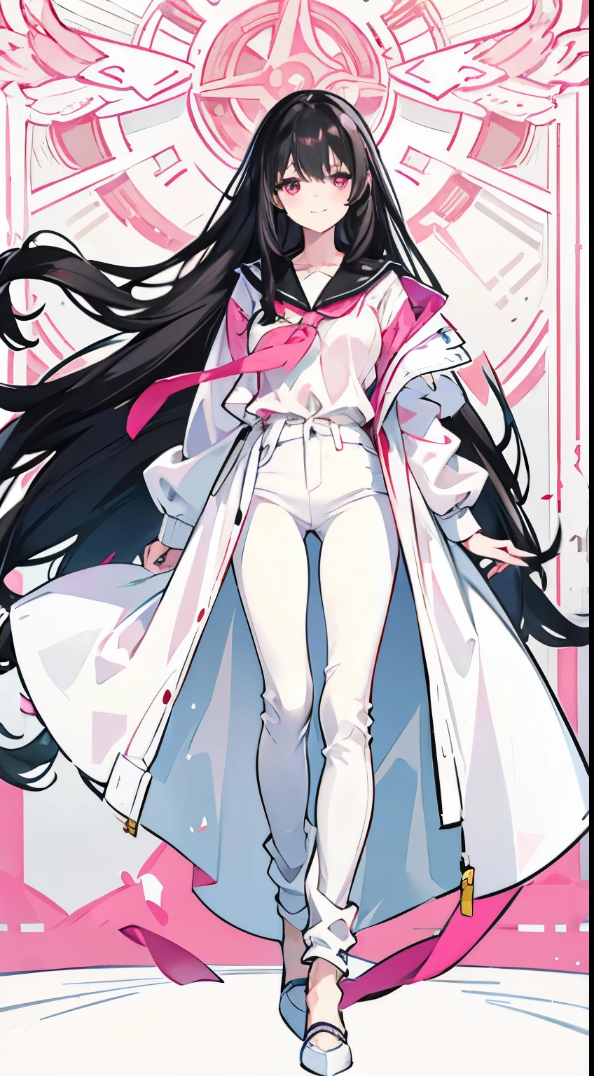 Long black hair radiates light,Long hair curtains,sloping hair curtain,pink eyes,Leaking from the ears,white shirt,white jean,A pink jacket tied around the waist,long legs,Leg depiction,Smile,side,The flowers they raised are being watered,in school department,