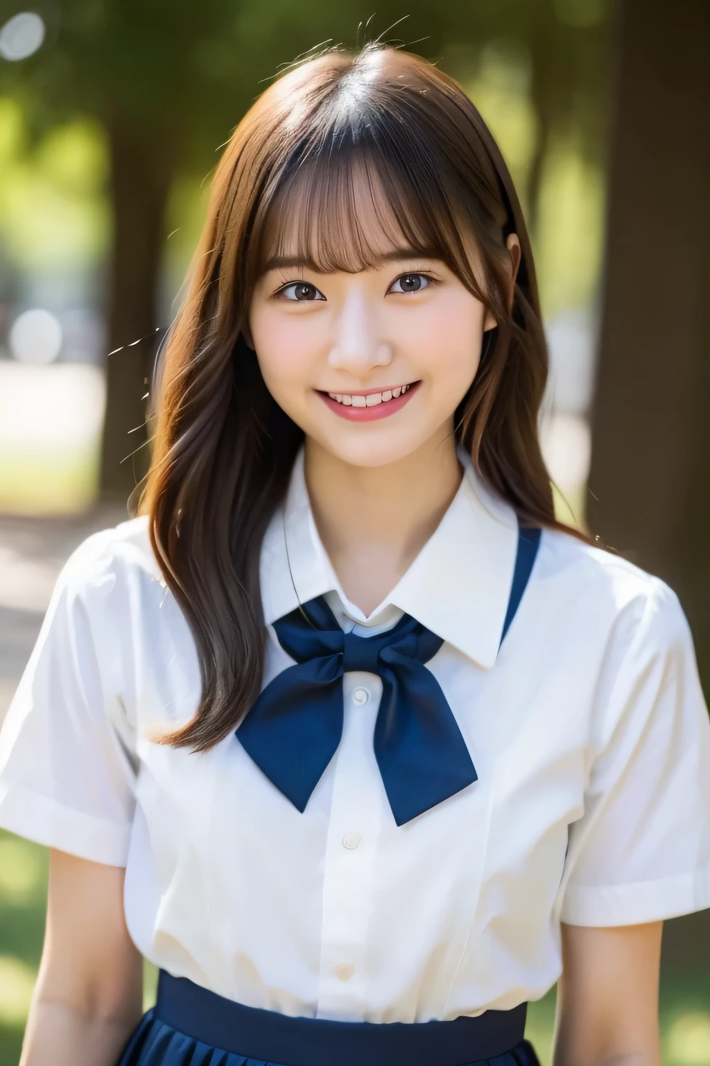 (highest quality, 8K, 32K, masterpiece, UHD:1.2),hyper detail hair,かわいいjapanese girlの写真,1 girl,18-year-old,japanese girl,(young:1.5),school uniform,white shirt,bow tie, (please reconsider:1.2), evening, sunburst, ((smile:1.2)),