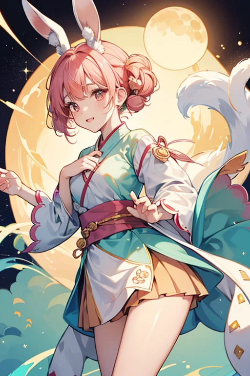 Moon Rabbit Cookie is a short, rotund Cookie with pale skin and scarlet eyes. Her hair is styled in a pixie cut with sweeping bangs that overlap her eyes and takes a porcelain color much like her dewlap and tail; all of this "fur" seems to be solid, globular masses more similar to songpyeon (송편) rice cakes rather than true hair. She also wears a swirled jujube barrette with two fronds against the bunny ears atop her head. Her lips takes an animal-like cat's mouth shape and sport a single round tooth at its center.
Moon Rabbit Cookie's shirt under her dewlap is peach with oversized sleeves striped broadly with lemon, peach, matcha, and chestnut colors. Her colorful sleeves are reminiscent of saekdongot (색동옷) hanbok (한복) painted in Mujigae-tteok(무지개떡) and its emblematic rainbow sleeves. She wears puffed mahogany shorts and white knee socks with scalloped edges.
Moon Rabbit Cookie always holds a cream-colored songpyeon in her obscured left hand. glitter