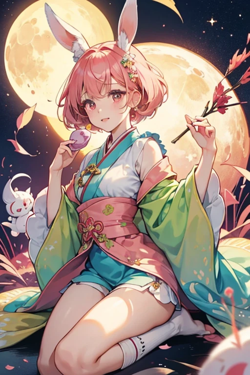 Moon Rabbit Cookie is a short, rotund Cookie with pale skin and scarlet eyes. Her hair is styled in a pixie cut with sweeping bangs that overlap her eyes and takes a porcelain color much like her dewlap and tail; all of this "fur" seems to be solid, globular masses more similar to songpyeon (송편) rice cakes rather than true hair. She also wears a swirled jujube barrette with two fronds against the bunny ears atop her head. Her lips takes an animal-like cat's mouth shape and sport a single round tooth at its center.

Moon Rabbit Cookie's shirt under her dewlap is peach with oversized sleeves striped broadly with lemon, peach, matcha, and chestnut colors. Her colorful sleeves are reminiscent of saekdongot (색동옷) hanbok (한복) painted in Mujigae-tteok(무지개떡) and its emblematic rainbow sleeves. She wears puffed mahogany shorts and white knee socks with scalloped edges.

Moon Rabbit Cookie always holds a cream-colored songpyeon in her obscured left hand. glitter, jelly