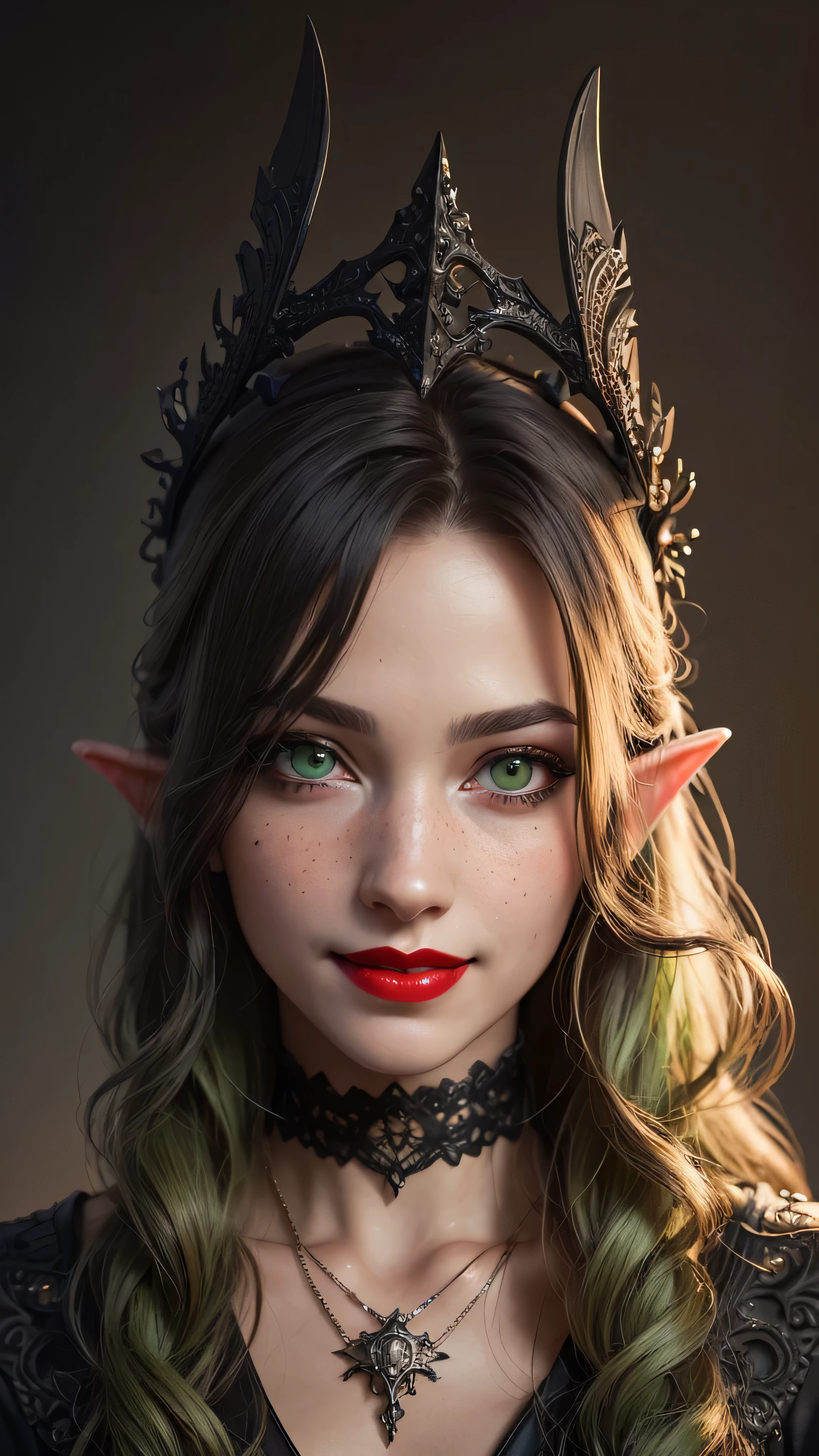 ((best quality: 1.5)) ((masterpiece: 0.8)), intricate details, sharp focus, professional, real life, realistic representation of the face, dim volumetric lighting, dynamic pose, in the style of realistic and hyper detailed renderings BREAK ((((detailed mature 40year elven woman, ((blackout gothic eye makeup, portrait, red lips, strong square cleft chin, smiling)), diamond tiara, golden hour), pale green eyes, long wavy white hair, green leather dress, emerald necklace), nose piercing), freckles: 0.9), photorealistic, hyper-realistic, 8K