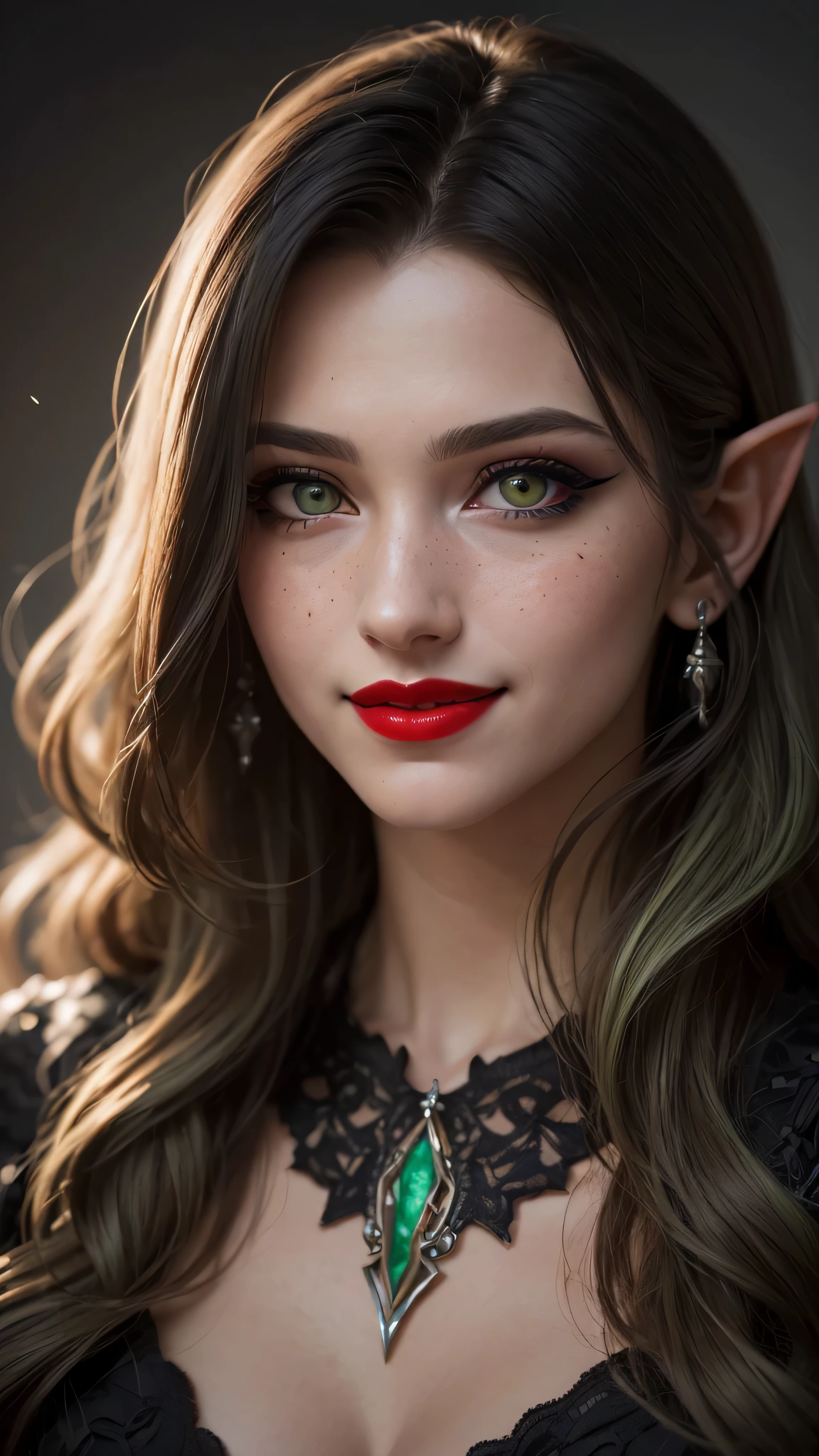 ((best quality: 1.5)) ((masterpiece: 0.8)), intricate details, sharp focus, professional, real life, realistic representation of the face, dim volumetric lighting, dynamic pose, in the style of realistic and hyper detailed renderings BREAK ((((detailed mature 40year elven woman, ((blackout gothic eye makeup, portrait, red lips, strong square cleft chin, smiling)), diamond tiara, golden hour), pale green eyes, long wavy white hair, green leather dress, emerald necklace), nose piercing), freckles: 0.9), photorealistic, hyper-realistic, 8K