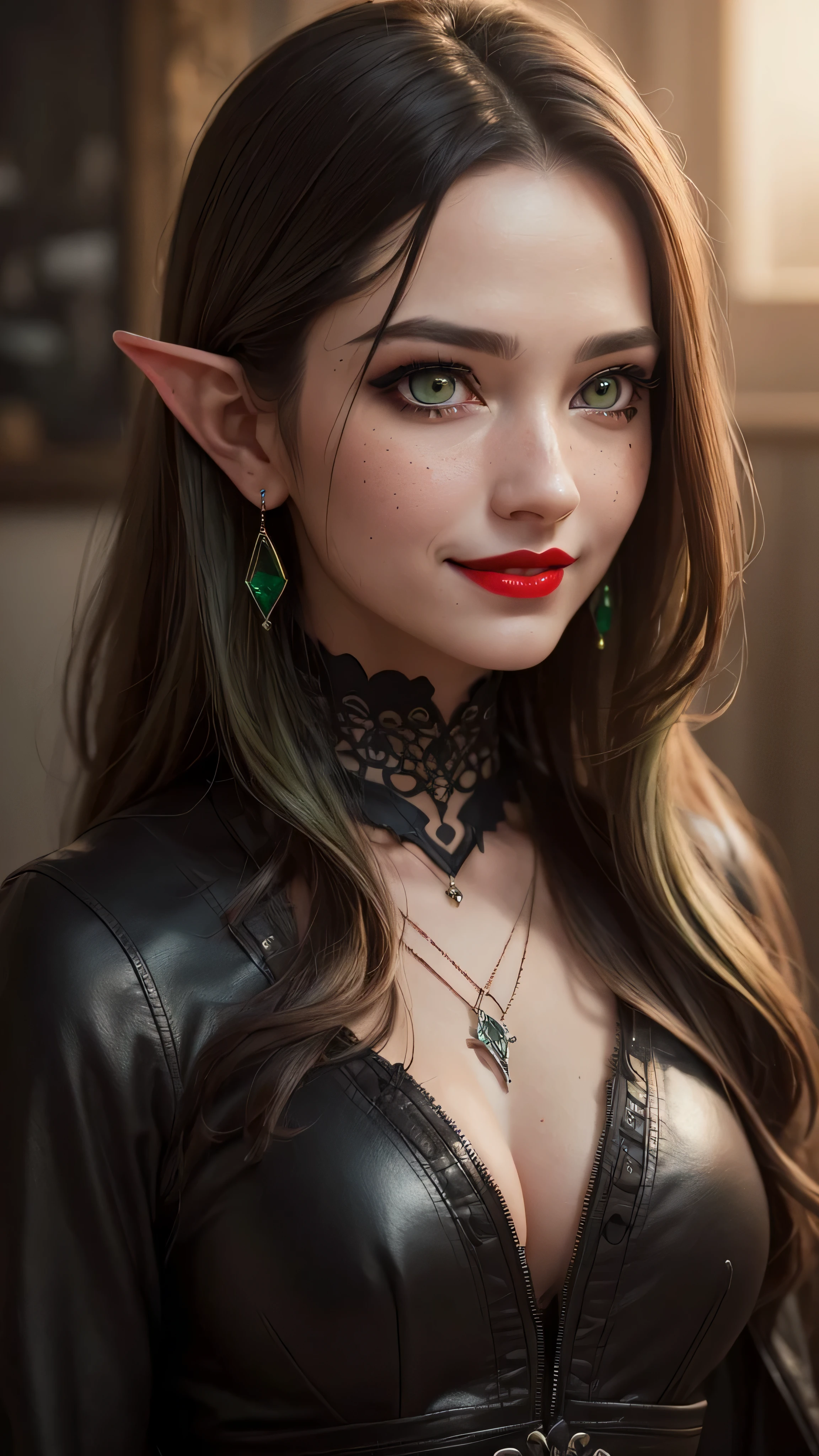((best quality: 1.5)) ((masterpiece: 0.8)), intricate details, sharp focus, professional, real life, realistic representation of the face, dim volumetric lighting, dynamic pose, in the style of realistic and hyper detailed renderings BREAK ((((detailed mature 40year elven woman, ((blackout gothic eye makeup, portrait, red lips, strong square cleft chin, smiling)), diamond tiara, golden hour), pale green eyes, long wavy white hair, green leather dress, emerald necklace), nose piercing), freckles: 0.9), photorealistic, hyper-realistic, 8K