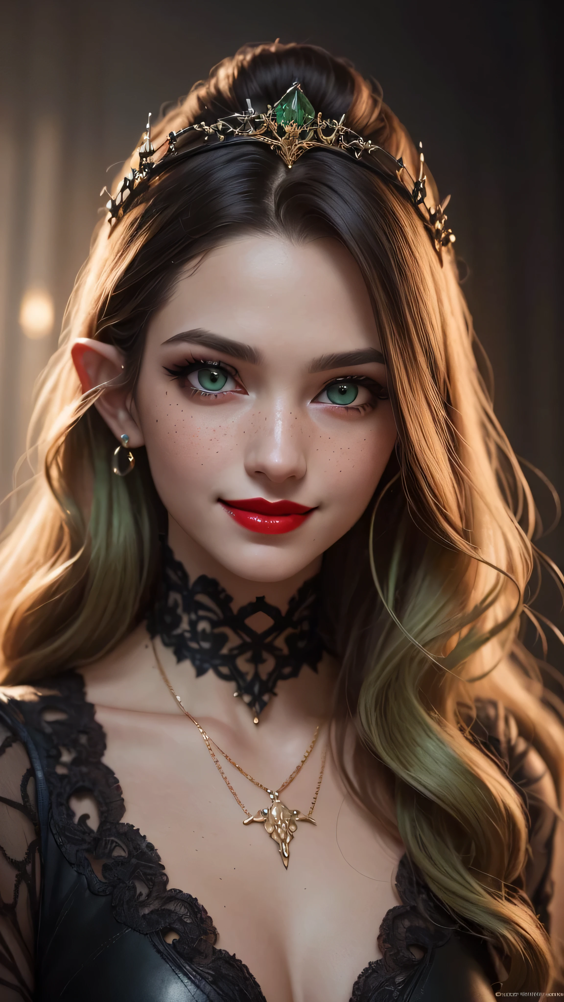 ((best quality: 1.5)) ((masterpiece: 0.8)), intricate details, sharp focus, professional, real life, realistic representation of the face, dim volumetric lighting, dynamic pose, in the style of realistic and hyper detailed renderings BREAK ((((detailed mature 40year elven woman, ((blackout gothic eye makeup, portrait, red lips, strong square cleft chin, smiling)), diamond tiara, golden hour), pale green eyes, long wavy white hair, green leather dress, emerald necklace), nose piercing), freckles: 0.9), photorealistic, hyper-realistic, 8K