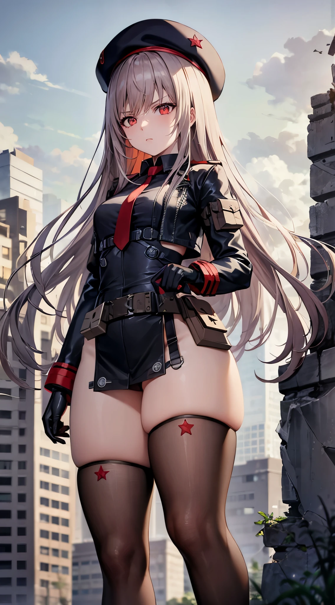 masterpiece, best quality, highres, aarapi, long hair, beret, black headwear, red necktie, black shirt, black leotard, black jacket, cropped jacket, open clothes, long sleeves, gloves, pouch, ammunition belt, black thighhighs, standing, ruins, building, grey sky,thick thighs, serious expression, red eyes