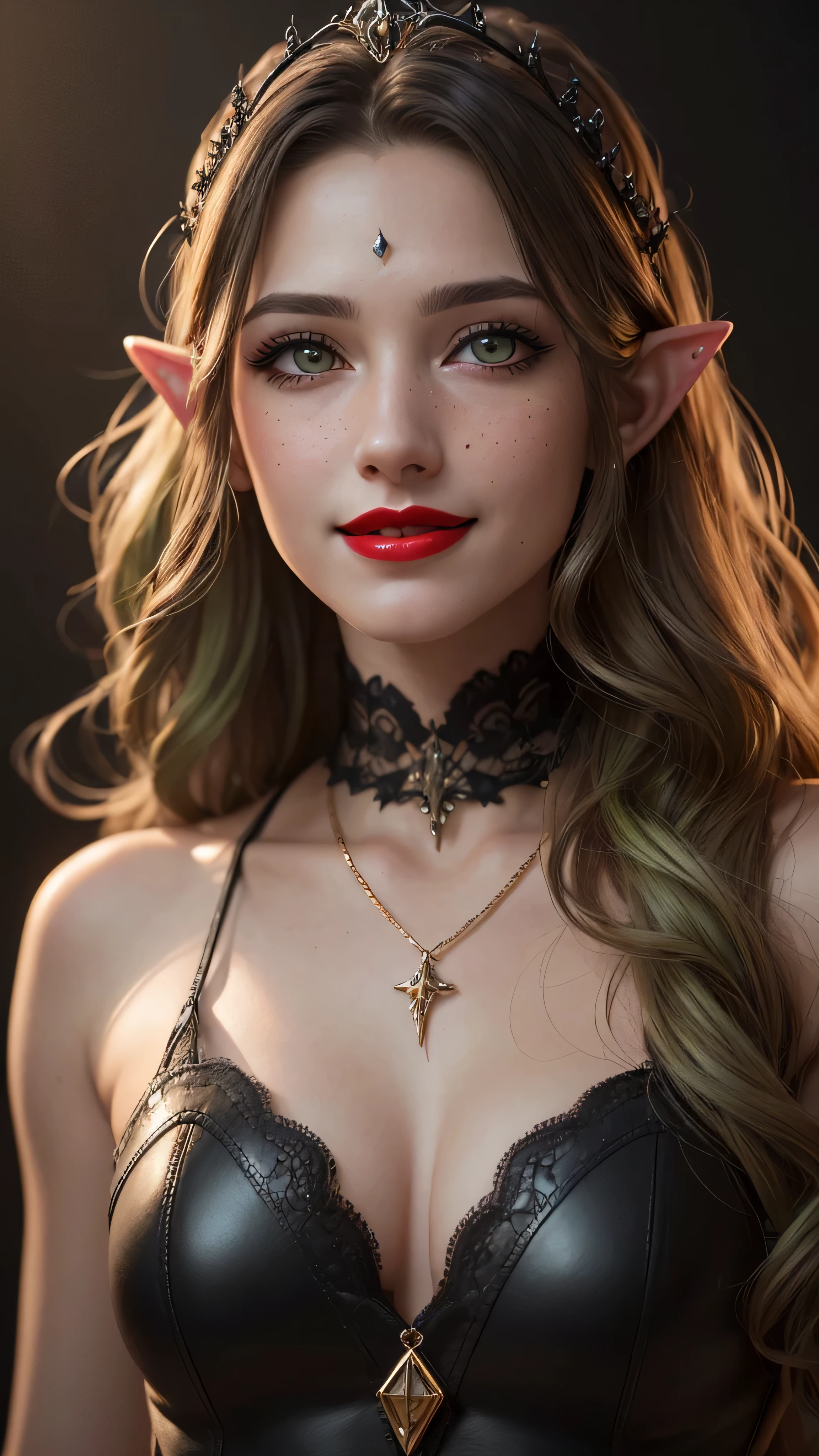 ((best quality: 1.5)) ((masterpiece: 0.8)), intricate details, sharp focus, professional, real life, realistic representation of the face, dim volumetric lighting, dynamic pose, in the style of realistic and hyper detailed renderings BREAK ((((detailed mature 40year elven woman, ((blackout gothic eye makeup, portrait, red lips, strong square cleft chin, smiling)), diamond tiara, golden hour), pale green eyes, long wavy white hair, green leather dress, emerald necklace), nose piercing), freckles: 0.9), photorealistic, hyper-realistic, 8K