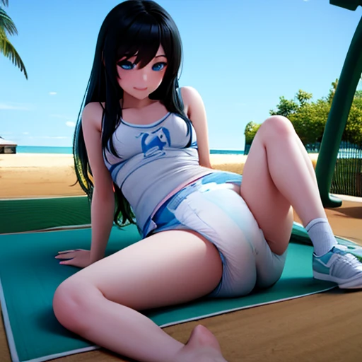 cute kpop girl, pee diaper, wet diaper, tight diaper, full diaper, smile, dark blue eyes, long hair, black hair, playground, sunny, outside, playplace, sand, beach, waterpark, amusement park, realistic, 3d, 2.5d, photorealistic, 3d render, real, detailed, 3d animated, hyperrealistic, 3d girl, realistic