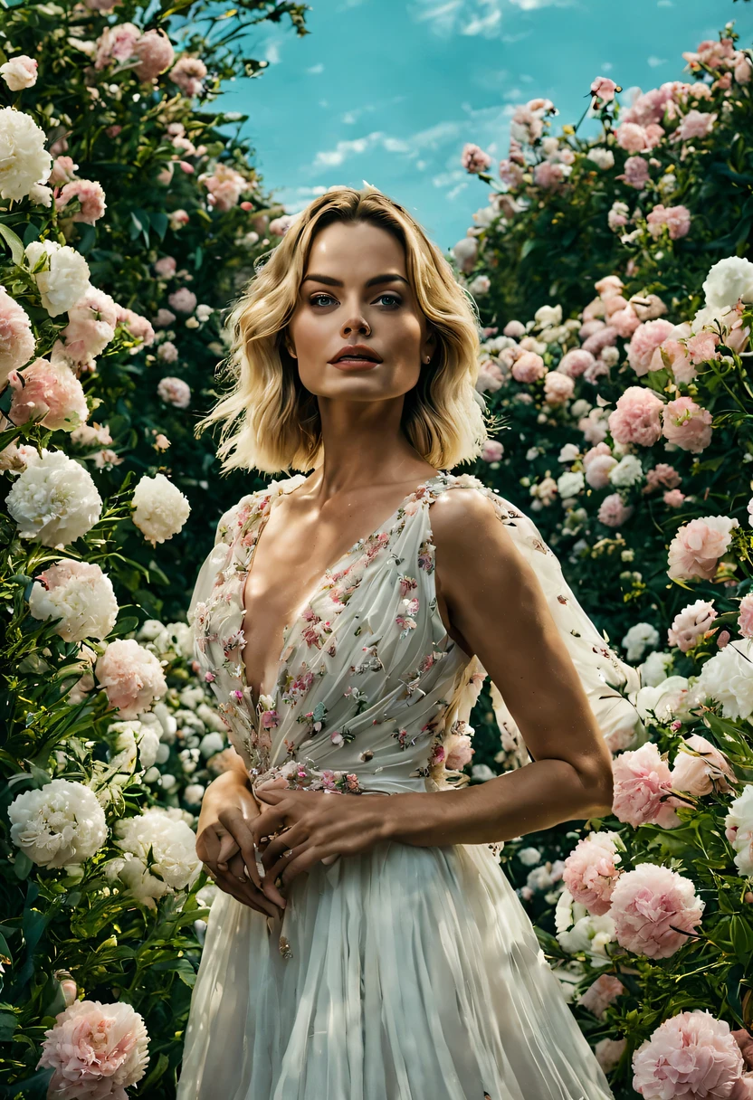 Em um jardim perfumado, The blind woman (Margot Robbie), (28 anos), com um vestido longo Rosa claro com detalhes em branco, is standing with her arms outstretched, gently touching the petals of the flowers he finds, conectando-se com a natureza e as doces flores azuis.