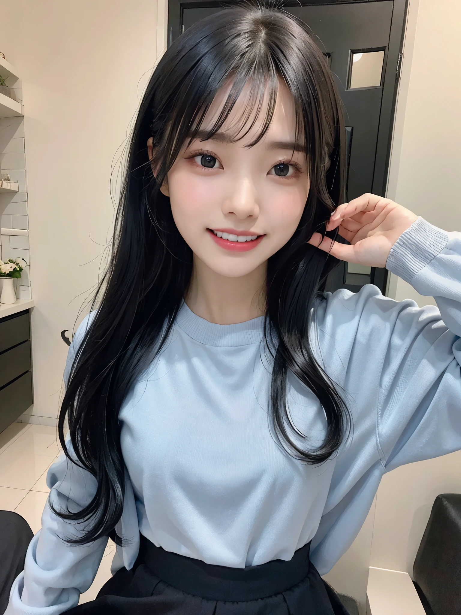 highest quality、8K、ultra high resolution、Super detailed face and eyes、Highly detailed face and skin texture、glowing skin、shiny skin、master piece:1.3、1 girl、A beautiful woman with slim abs as an accent:1.3、super detail face、delicate eyes、double eyelid、full shot、20-year-old、Smile with your teeth out、Laugh with your mouth wide open、((black hair、dark blue hair))、long hair、skirt、long sleeve、straight hair、room、living、