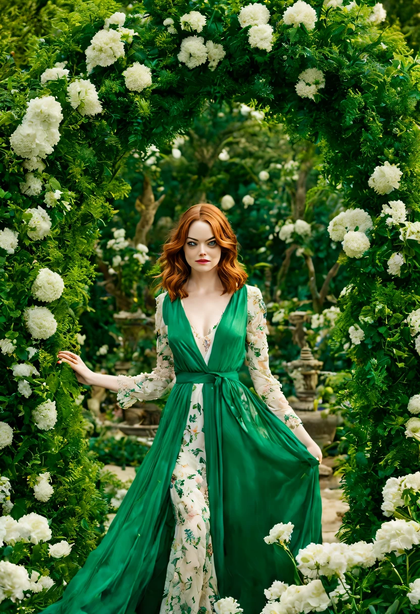 Em um jardim perfumado, The blind woman (Emma Stone), (28 anos), com um vestido longo Verde esmeralda com detalhes em branco, is standing with her arms outstretched, gently touching the petals of the flowers he finds, conectando-se com a natureza e as doces flores azuis.