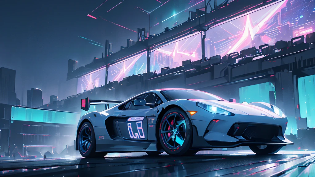 (white supercar, car racing), ((cyberpunk city, blue neon, starry sky, northern lights), (8k, extremaly detailed, lighting like a movie, lense flares)