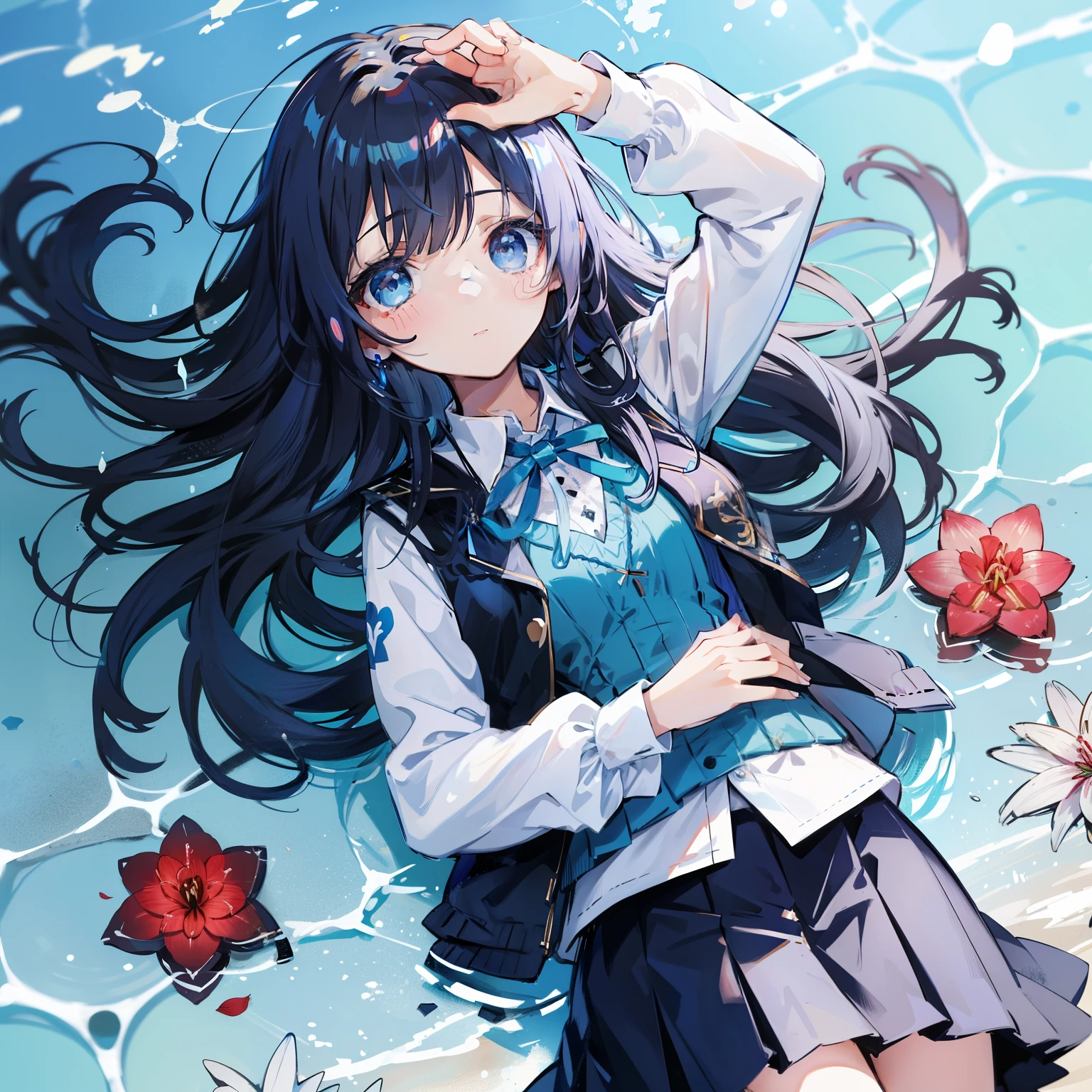 girl immersed in sadness. girl lying on the water surface、surrounding blue cluster amaryllis、high angle. 彼女はbeautiful顔と明るい色の輝く目をしています. He wears a uniform consisting of a white shirt and blue knitted vest..Blue Chest Ribbon、blue check skirt. Detail view. white and blue motif、Expressionless、sad. High resolution. fantasy、fantasy、Dark light blue hair、drizzling rain、white and blue clothes、cute girl、beautiful、messy hair、long hair