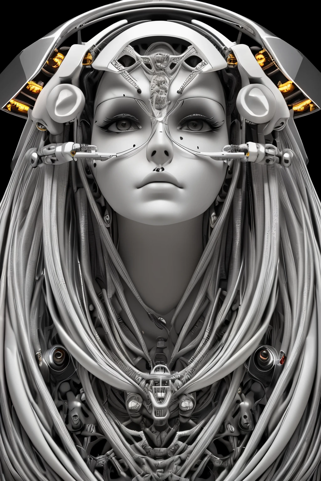 Complejo 3D render ultra detallado de una hermosa porcelana perfil mujer android face, cyborg, robotic parts, 150mm, hermoso estudio con luz suave, luz de llanta, Detalles vibrantes, Ciberpunk de lujo, cord, hyperRealista, Anatomical, facial muscles, cables electricos, pastilla, elegante, Hermoso fondo, renderizado de octanaje, h. R. estilo giger, 8k, Mejor calidad, obra maestra, illustration, un extremadamente delicado y hermoso, extremadamente detallado ,CG ,unidad ,fondo de pantalla, (Realista, photo-Realista:1.37),asombroso, finamente detalle, obra maestra,Mejor calidad,Arte oficial, extremadamente detallado CG unidad 8k fondo de pantalla, absurdos, incredibly absurdos, robot, cuentas de plata, cuerpo completo, session