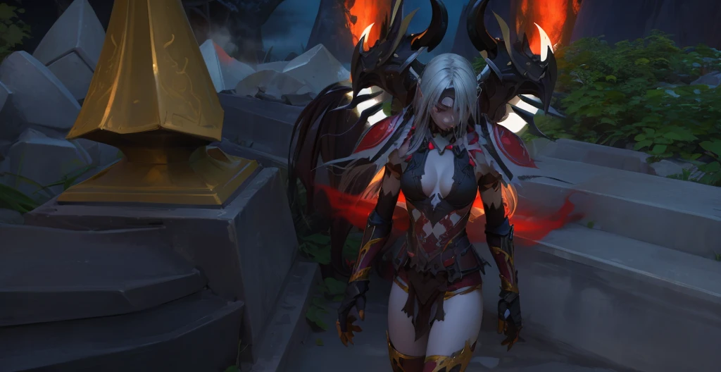 (best quality,ultra-detailed,realistic:1.37),Nightmare Knight Girl,creepy,dark,gothic,evil,haunting,ominous,ominous lighting,detailed armor,fierce warrior,glowing eyes,long flowing hair,deadly weaponry,misty atmosphere,dark shadows,mysterious background,moonlight,ethereal beauty,desolate landscape,intense expression,spooky atmosphere,cold breath,pale skin,ominous silhouette,vivid colors