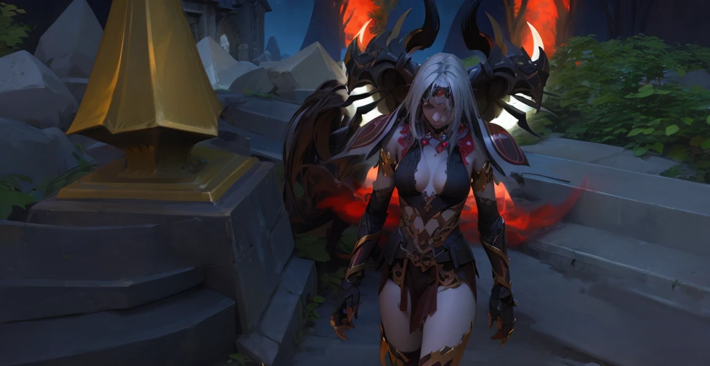 From below, pussy focus, ashe, overwatch, AsheOver warrioress, legs spread wide open, long white hair, action stance, sexy, naked, nude, white pubic hair, white pubic bush, claws, fangs, armoured shoulder pauldrons, demonic presence, combat stance, vibrant appearance, creative behavior, menacing, evil smile, imaginative, sensual, spontaneous, highest quality, skin texture, intricate details, (cinematic lighting), RAW photo, 8k, under moonlight, nightmarish, full moon, firestorm, debris