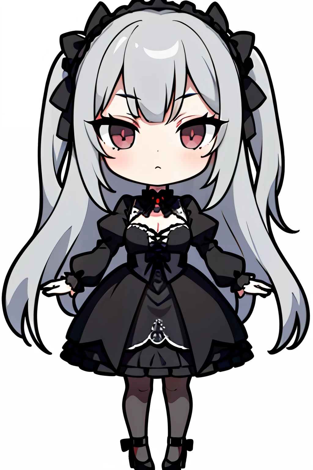 1girl, full body picture, long grey hair, grey eyes, goth, standing, 25 years old, cleavage, sexy form, Dress, standing on white tile, perfect makeup, Bust35, beautiful face, detailed eye, Sexy Shots、hiquality、visualart、(background, white background: 1.ale skin, trad goth makeup, absurdres, high res, ultrasharp, 8K, masterpiece, looking at viewer, black heels, red gothic ****ta dress, no extra legs, no extra arms, elegant, lace, black stockings