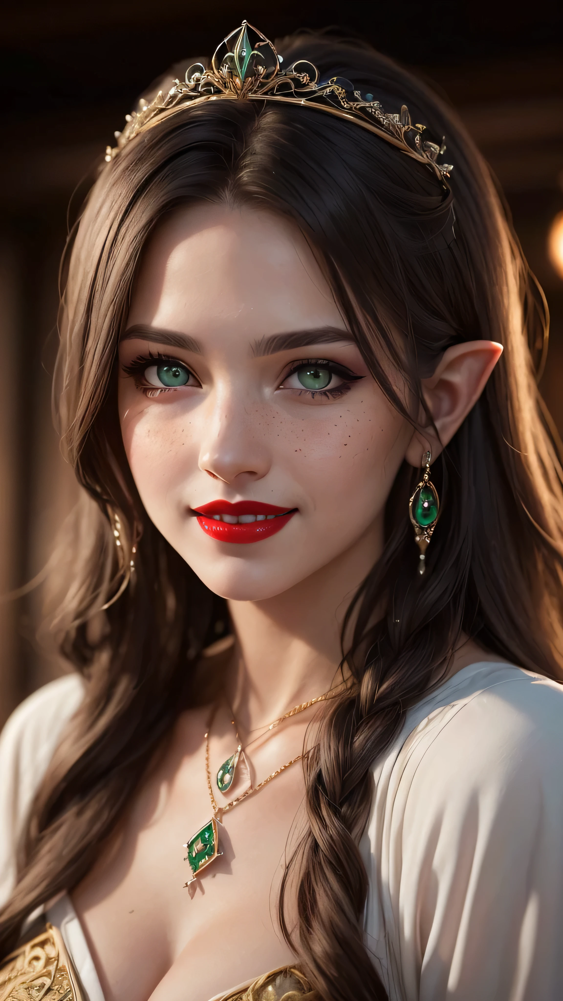 ((best quality: 1.5)) ((masterpiece: 0.8)), intricate details, sharp focus, professional, real life, realistic representation of the face, dim volumetric lighting, dynamic pose, in the style of realistic and hyper detailed renderings BREAK ((((detailed mature 40year elven woman, ((blackout gothic eye makeup, portrait, red lips, strong square cleft chin, smiling)), diamond tiara, golden hour), pale green eyes, long wavy white hair, green leather dress, emerald necklace), nose piercing), freckles: 0.9), photorealistic, hyper-realistic, 8K