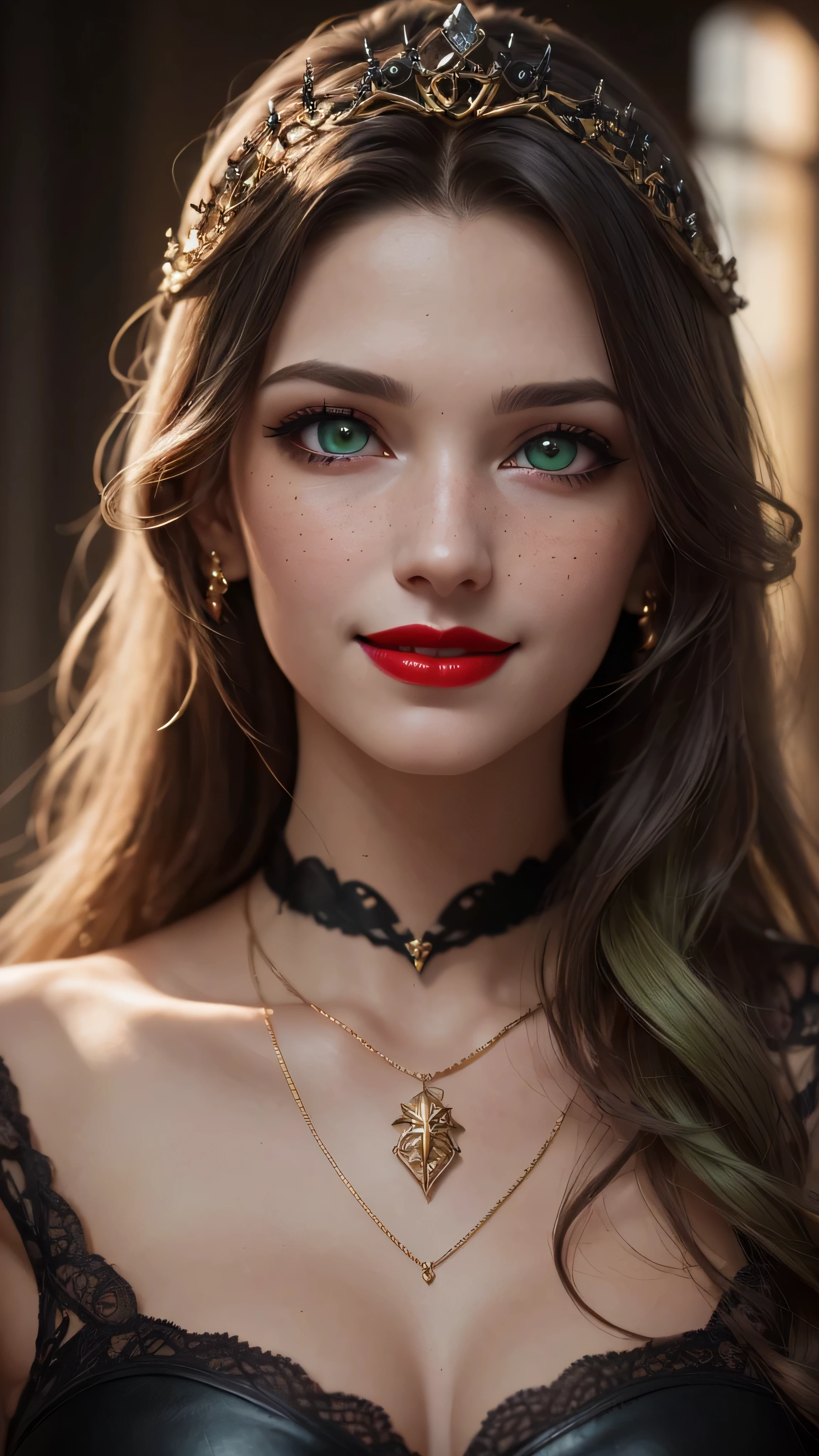 ((best quality: 1.5)) ((masterpiece: 0.8)), intricate details, sharp focus, professional, real life, realistic representation of the face, dim volumetric lighting, dynamic pose, in the style of realistic and hyper detailed renderings BREAK ((((detailed mature 40year elven woman, ((blackout gothic eye makeup, portrait, red lips, strong square cleft chin, smiling)), diamond tiara, golden hour), pale green eyes, long wavy white hair, green leather dress, emerald necklace), nose piercing), freckles: 0.9), photorealistic, hyper-realistic, 8K