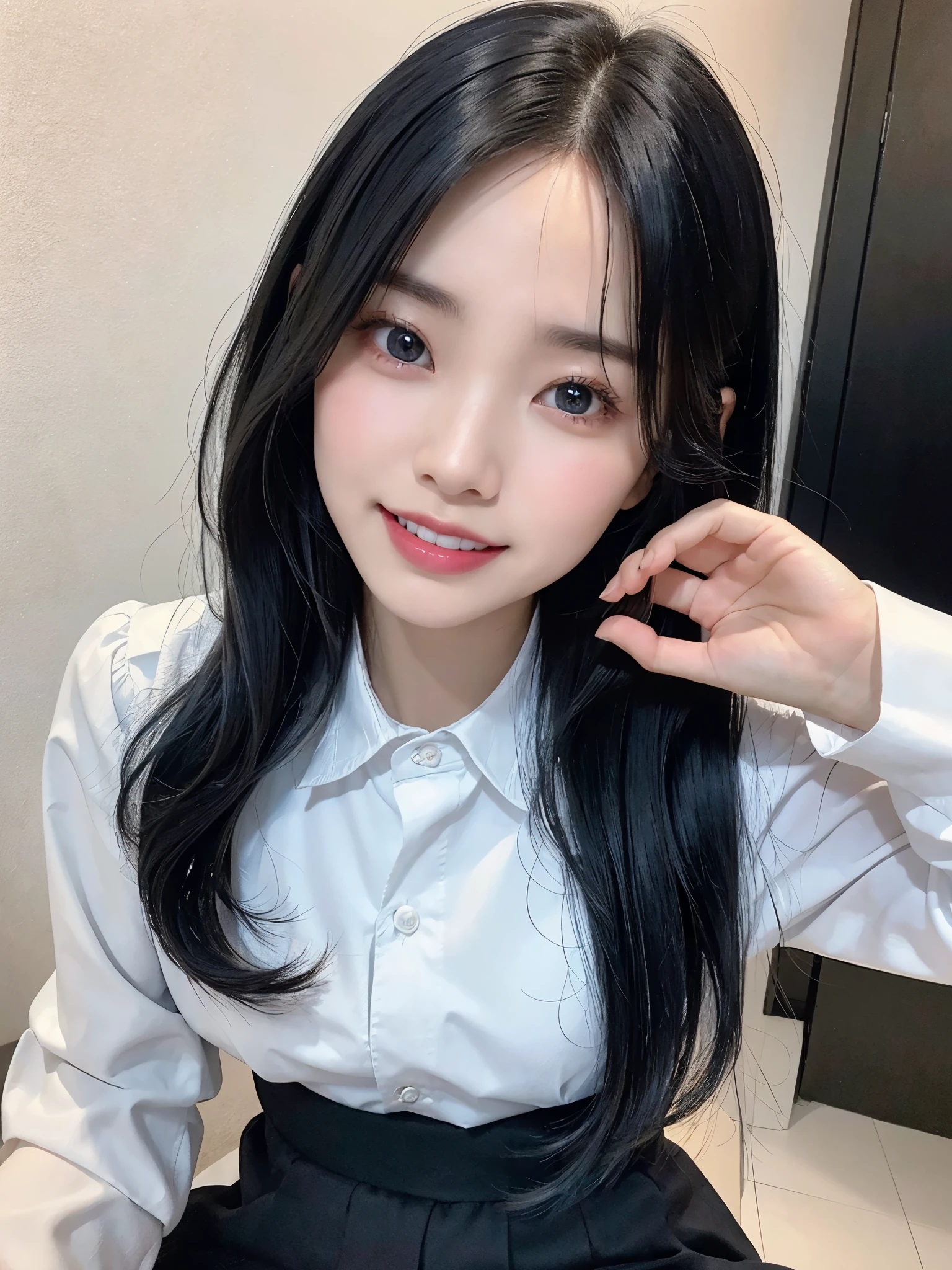 highest quality、8K、ultra high resolution、Super detailed face and eyes、Highly detailed face and skin texture、glowing skin、shiny skin、master piece:1.3、1 girl、A beautiful woman with slim abs as an accent:1.3、super detail face、delicate eyes、double eyelid、full shot、20-year-old、Smile with your teeth out、Laugh with your mouth wide open、((black hair、dark blue hair))、long hair、skirt、long sleeve、straight hair、room、living、