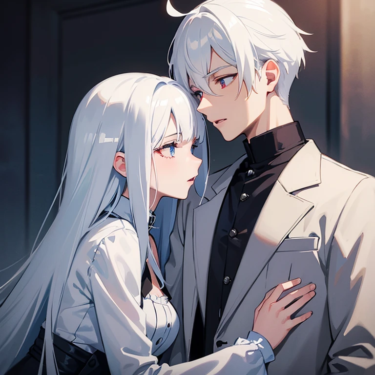 Boy with white hair and blue eyes kissing a girl with white hair and red eyes