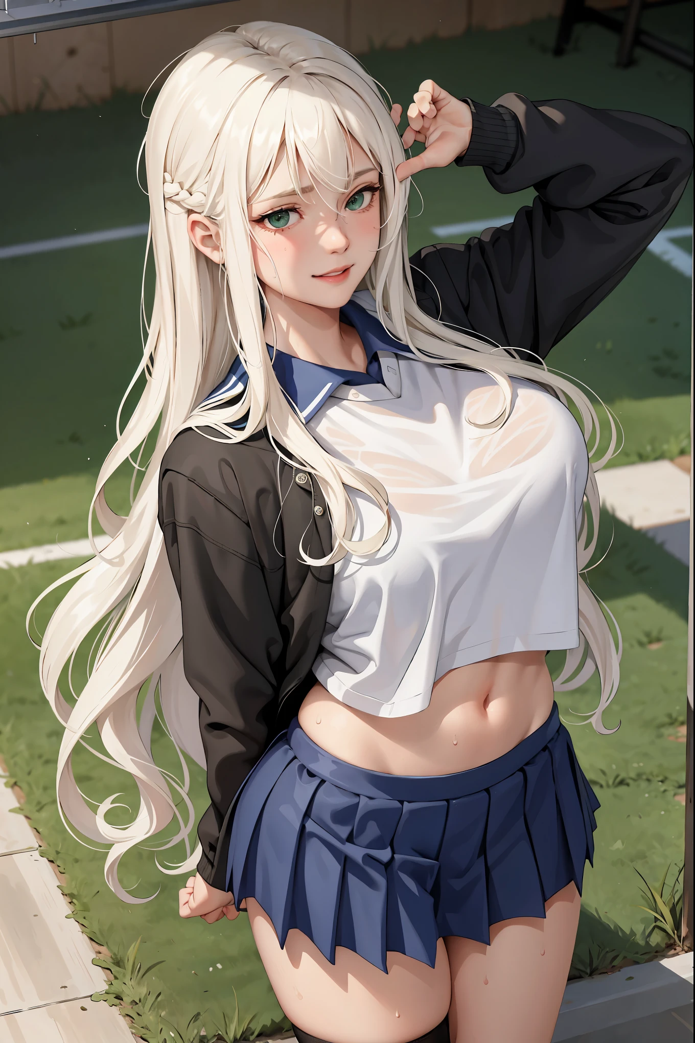 (masterpiece:1.2, best quality), (real picture, intricate details), 1lady, solo, whole body, school , school settings, school background, long hair, minimal makeup, detailed face, smiling, really long platinum blonde hair, slightly wavy platinum blonde hair, soft waves, bangs, hair between eyes, green eyes, big plump breasts, big ass, SFW, clothes, school PE uniform, cheerleader outfit, cheerleader clothes, cheerleader top, cheerleader skirt, cheerleading, sweaty, super sweaty, extreme sweat, sweat wet