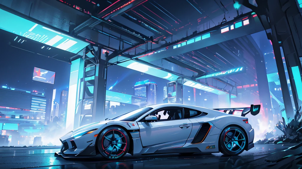 (white supercar, car racing), (cyberpunk city, blue neon, starry sky, northern lights), (8k, extremaly detailed, lighting like a movie, lense flares)