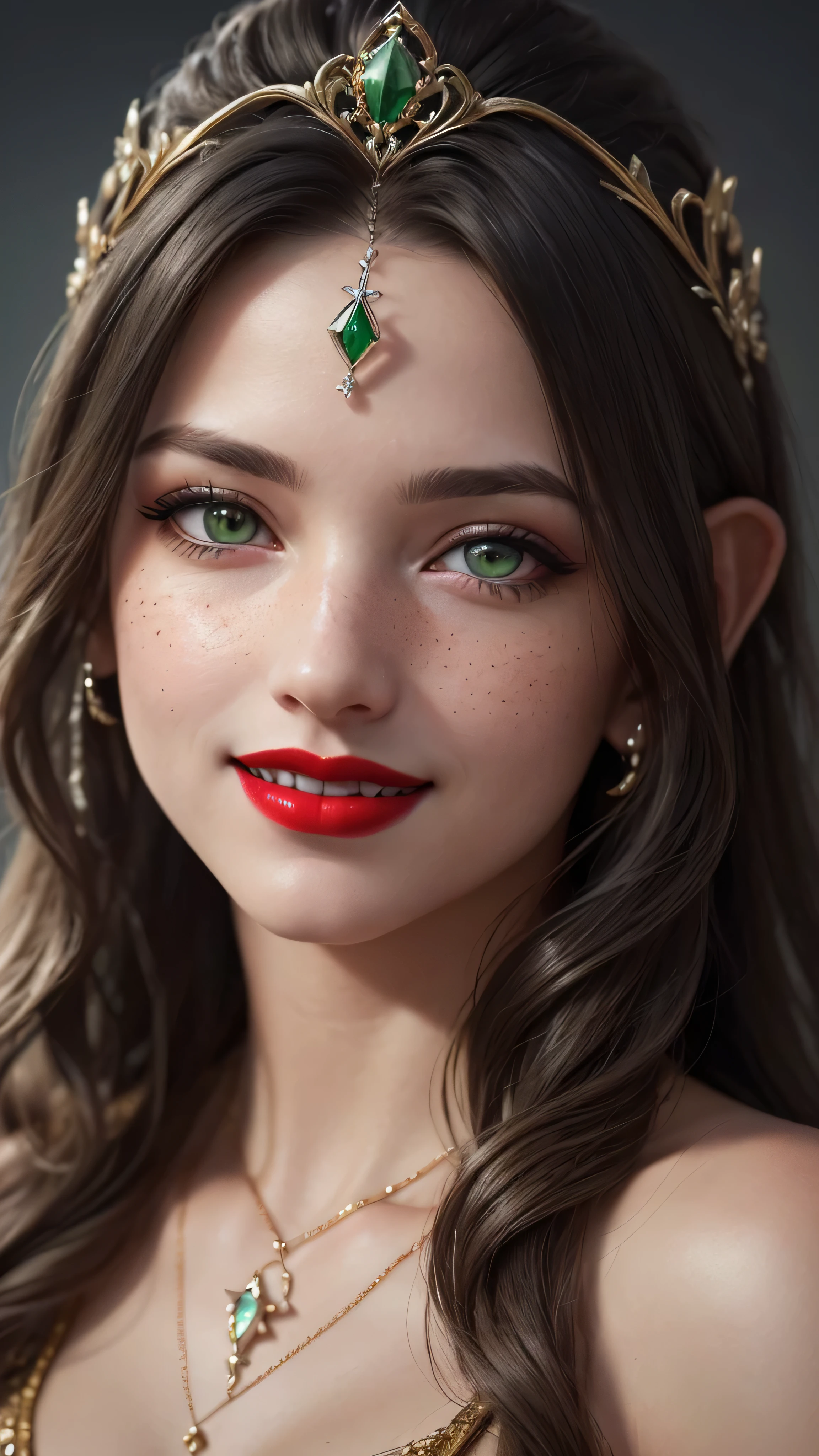 ((best quality: 1.5)) ((masterpiece: 0.8)), intricate details, sharp focus, professional, real life, realistic representation of the face, dim volumetric lighting, dynamic pose, in the style of realistic and hyper detailed renderings BREAK ((((detailed mature 40year elven woman, ((blackout gothic eye makeup, portrait, red lips, strong square cleft chin, smiling)), diamond tiara, golden hour), pale green eyes, long wavy white hair, green leather dress, emerald necklace), nose piercing), freckles: 0.9), photorealistic, hyper-realistic, 8K