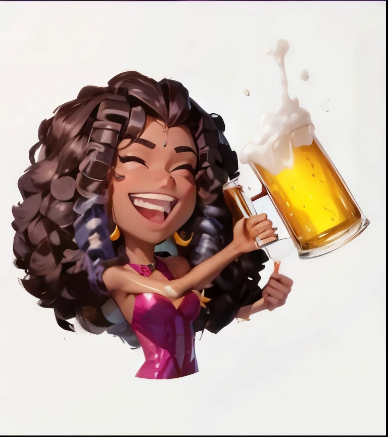 , negra, holding beer with right hand, leve sorriso, cabelo cacheado