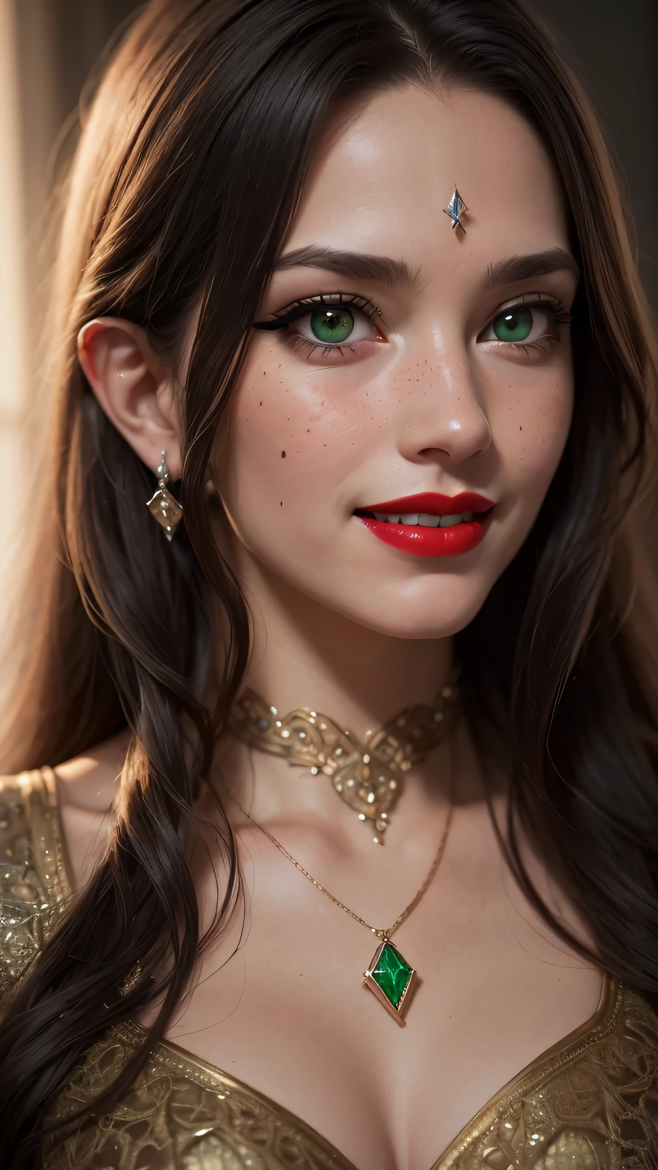 ((best quality: 1.5)) ((masterpiece: 0.8)), intricate details, sharp focus, professional, real life, realistic representation of the face, dim volumetric lighting, dynamic pose, in the style of realistic and hyper detailed renderings BREAK ((((detailed mature 40year elven woman, ((blackout gothic eye makeup, portrait, red lips, strong square cleft chin, smiling)), diamond tiara, golden hour), pale green eyes, long wavy white hair, green leather dress, emerald necklace), nose piercing), freckles: 0.9), photorealistic, hyper-realistic, 8K