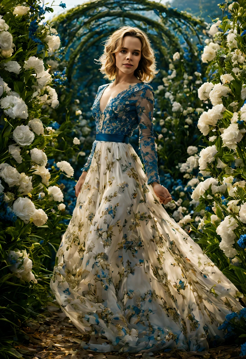 Em um jardim perfumado, The blind woman (Rachel McAdams), (22 anos), com um vestido longo Marrom com detalhes em branco, is standing with her arms outstretched, gently touching the petals of the flowers he finds, conectando-se com a natureza e as doces flores azuis.