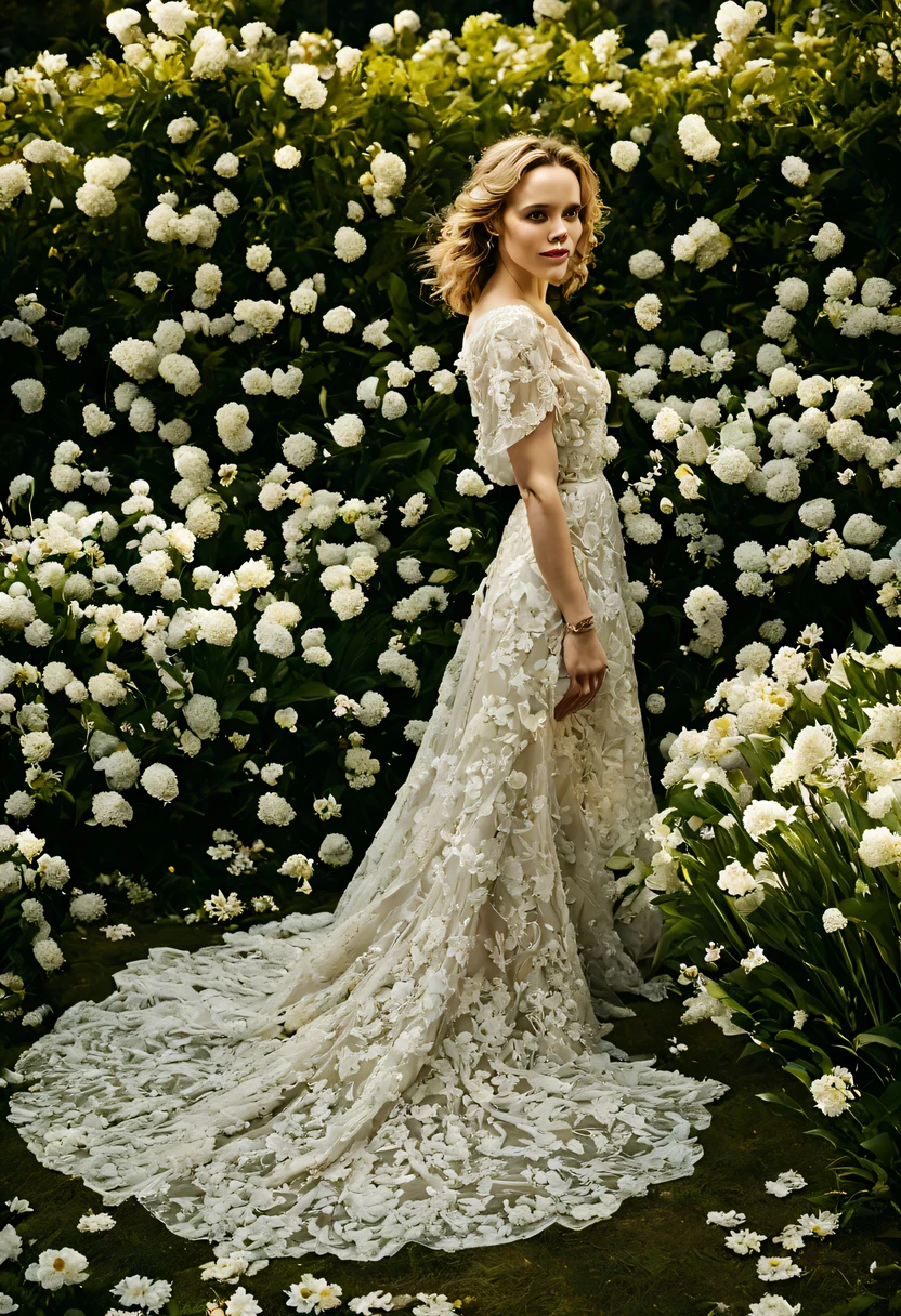 Em um jardim perfumado, The blind woman (Rachel McAdams), (22 anos), com um vestido longo Marrom com detalhes em branco, is standing with her arms outstretched, gently touching the petals of the flowers he finds, conectando-se com a natureza e as doces flores azuis.