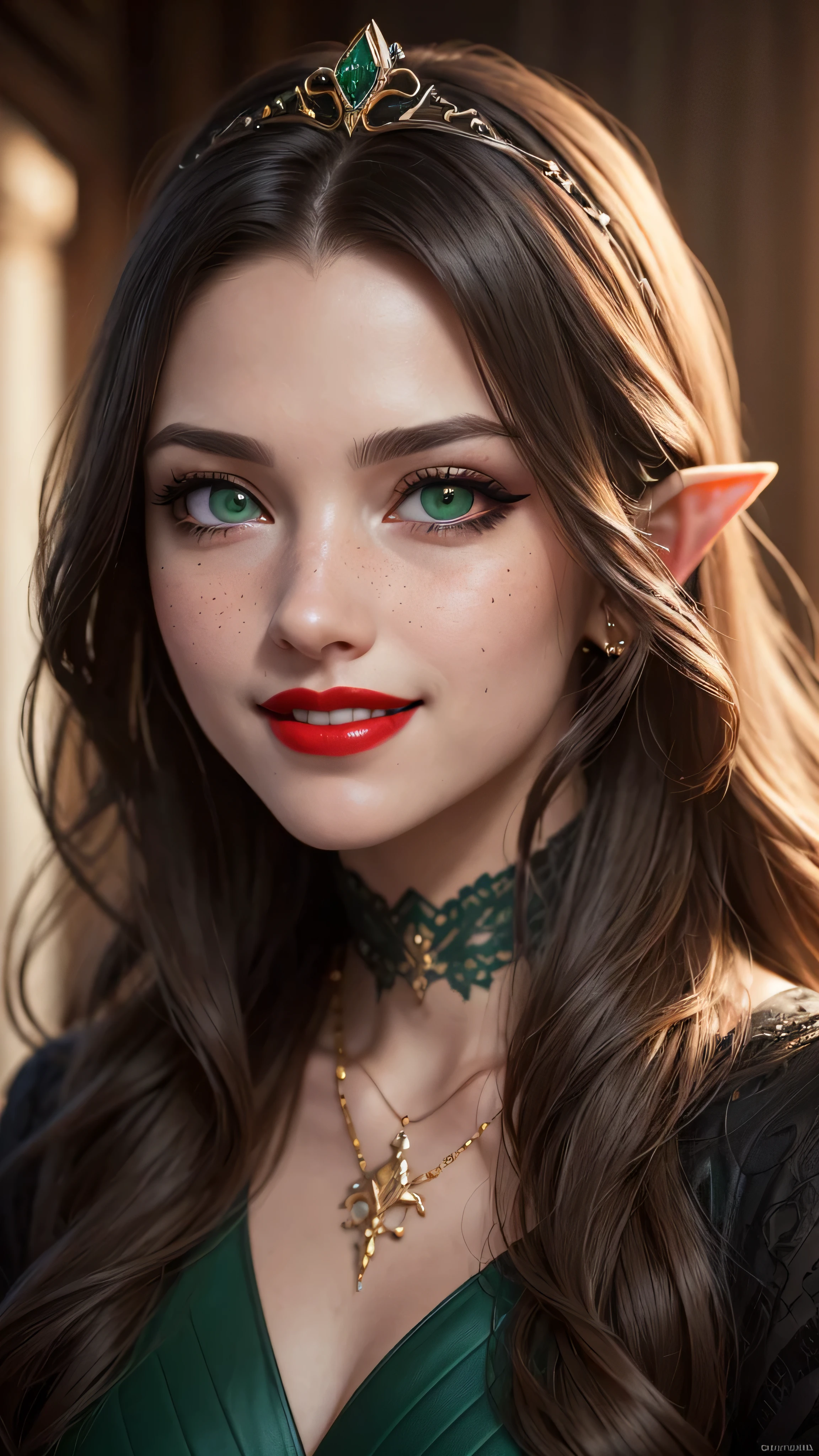 ((best quality: 1.5)) ((masterpiece: 0.8)), intricate details, sharp focus, professional, real life, realistic representation of the face, dim volumetric lighting, dynamic pose, in the style of realistic and hyper detailed renderings BREAK ((((detailed mature 40year elven woman, ((blackout gothic eye makeup, portrait, red lips, strong square cleft chin, smiling)), diamond tiara, golden hour), pale green eyes, long wavy white hair, green leather dress, emerald necklace), nose piercing), freckles: 0.9), photorealistic, hyper-realistic, 8K